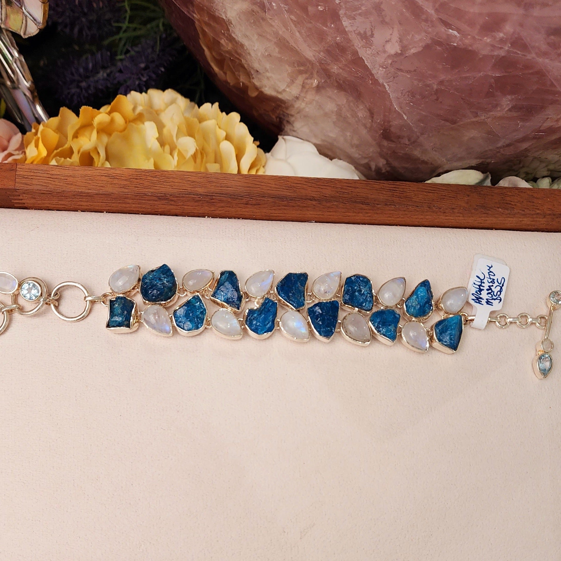 Paraíba Blue Apatite with Rainbow Moonstone Statement Bracelet .925 Silver for Starting Fresh and Healthy Choices