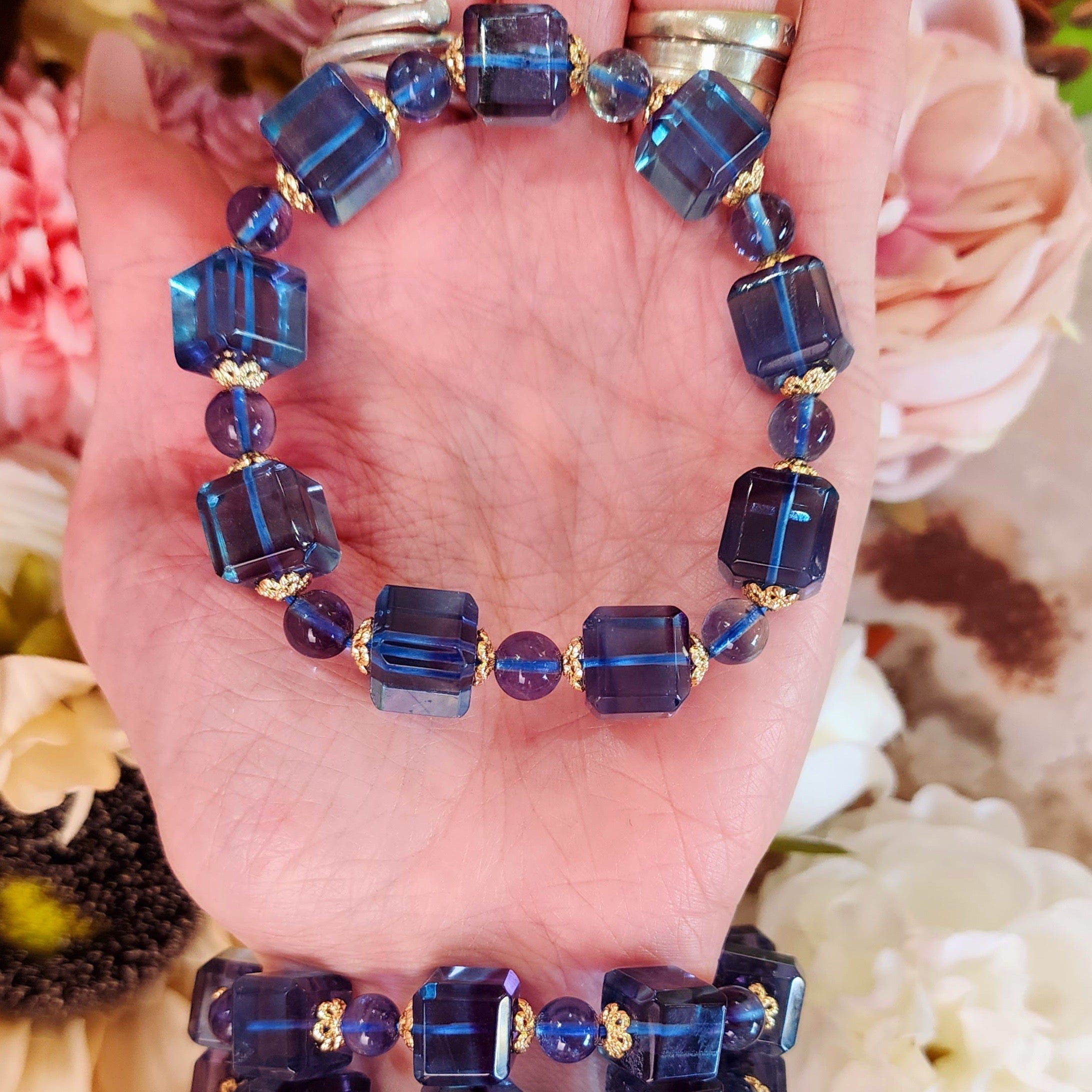 Blue Fluorite Cube Vintage Style Bracelet (AAA Grade) for Third Eye Activation & Psychic Clarity