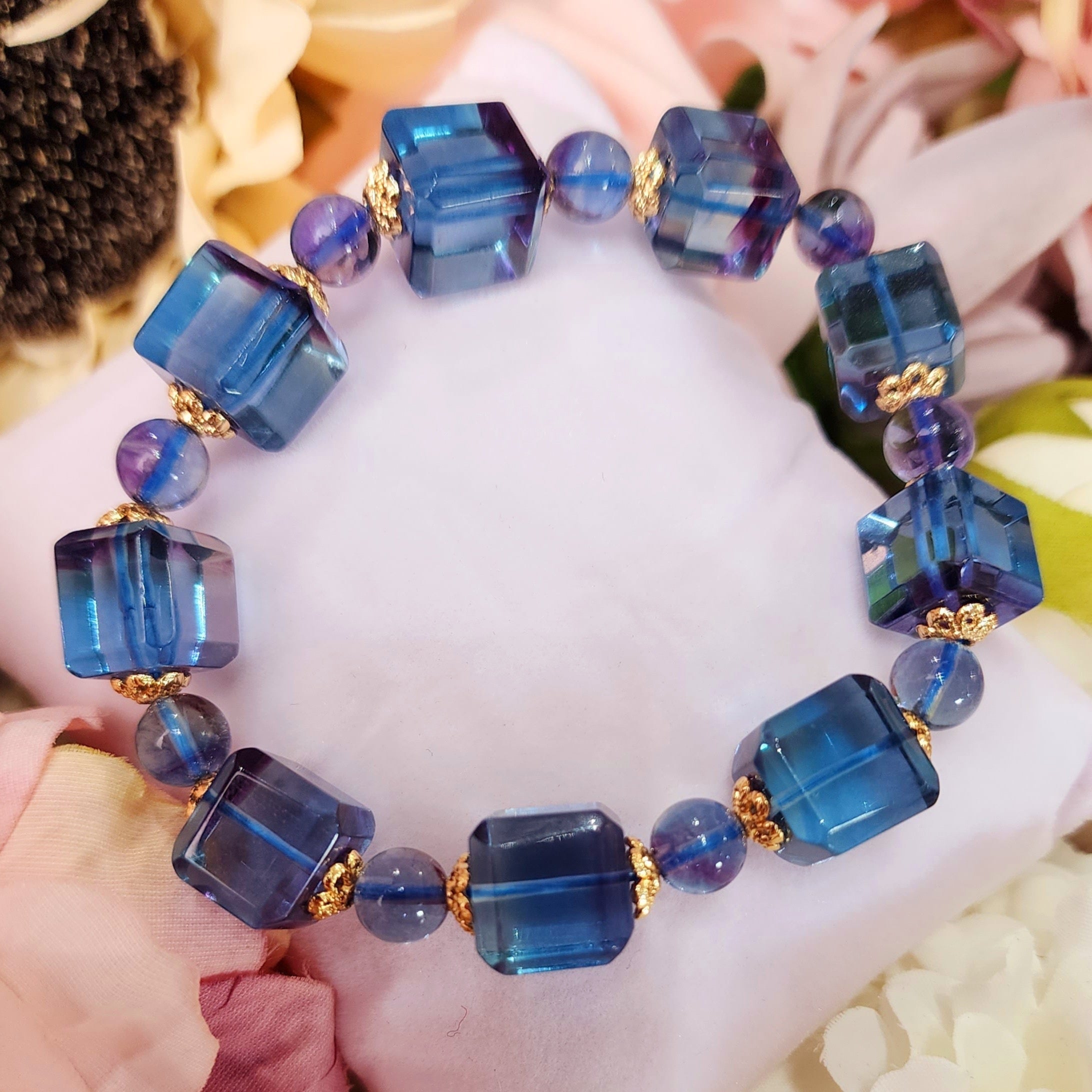 Blue Fluorite Cube Vintage Style Bracelet (AAA Grade) for Third Eye Activation & Psychic Clarity