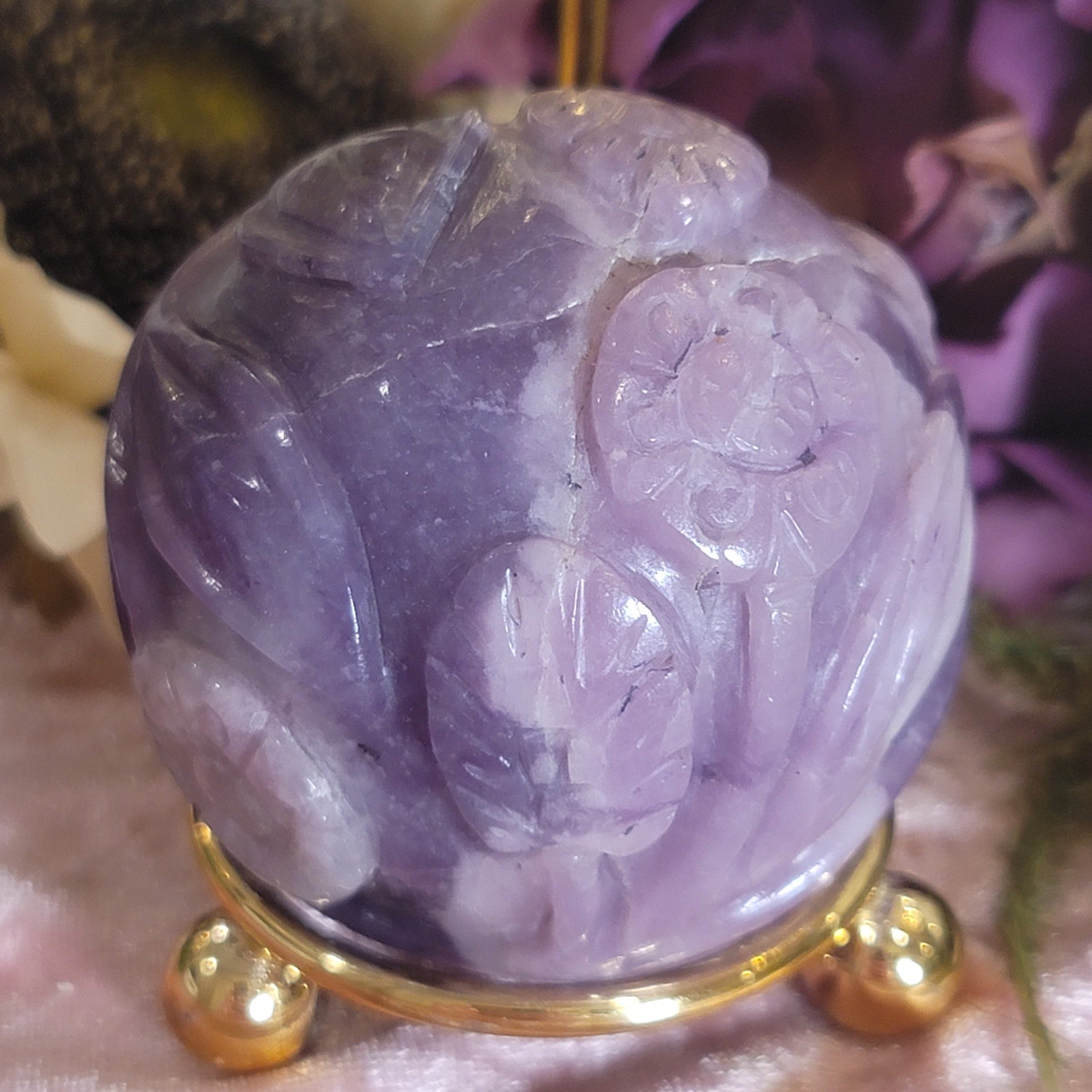 Lepidolite Floral Carved Sphere for Feeling Peace, Joy and Hope