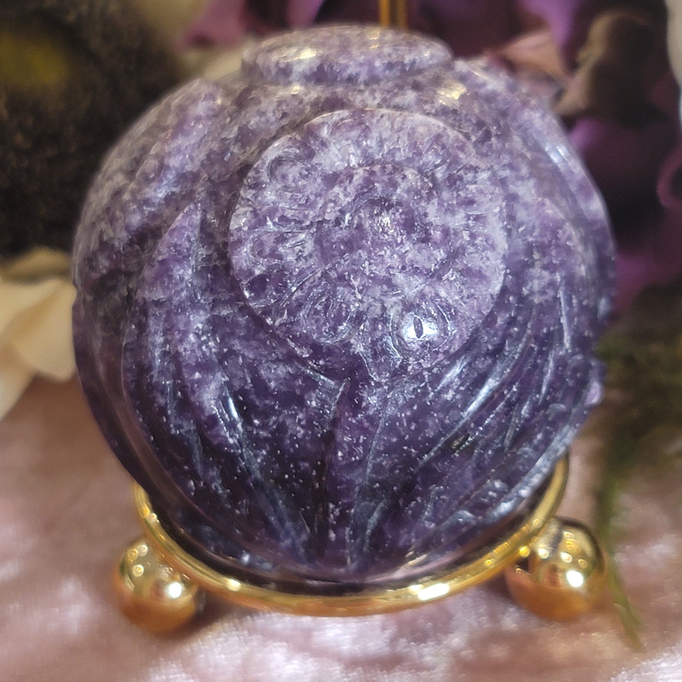 Lepidolite Floral Carved Sphere for Feeling Peace, Joy and Hope