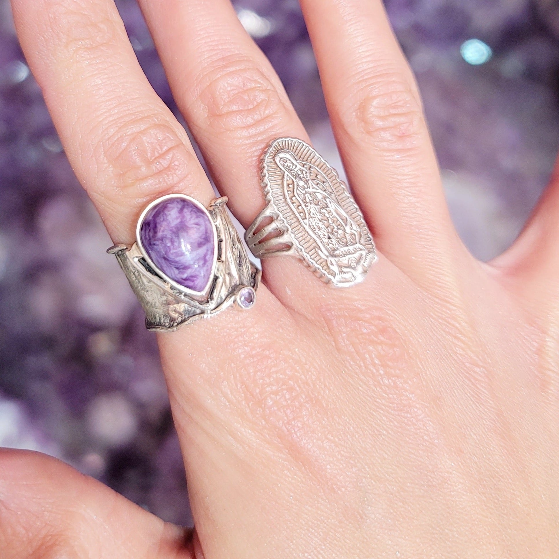 Charoite and Amethyst Wickedness Cuff Ring .925 for Powerful Intuition
