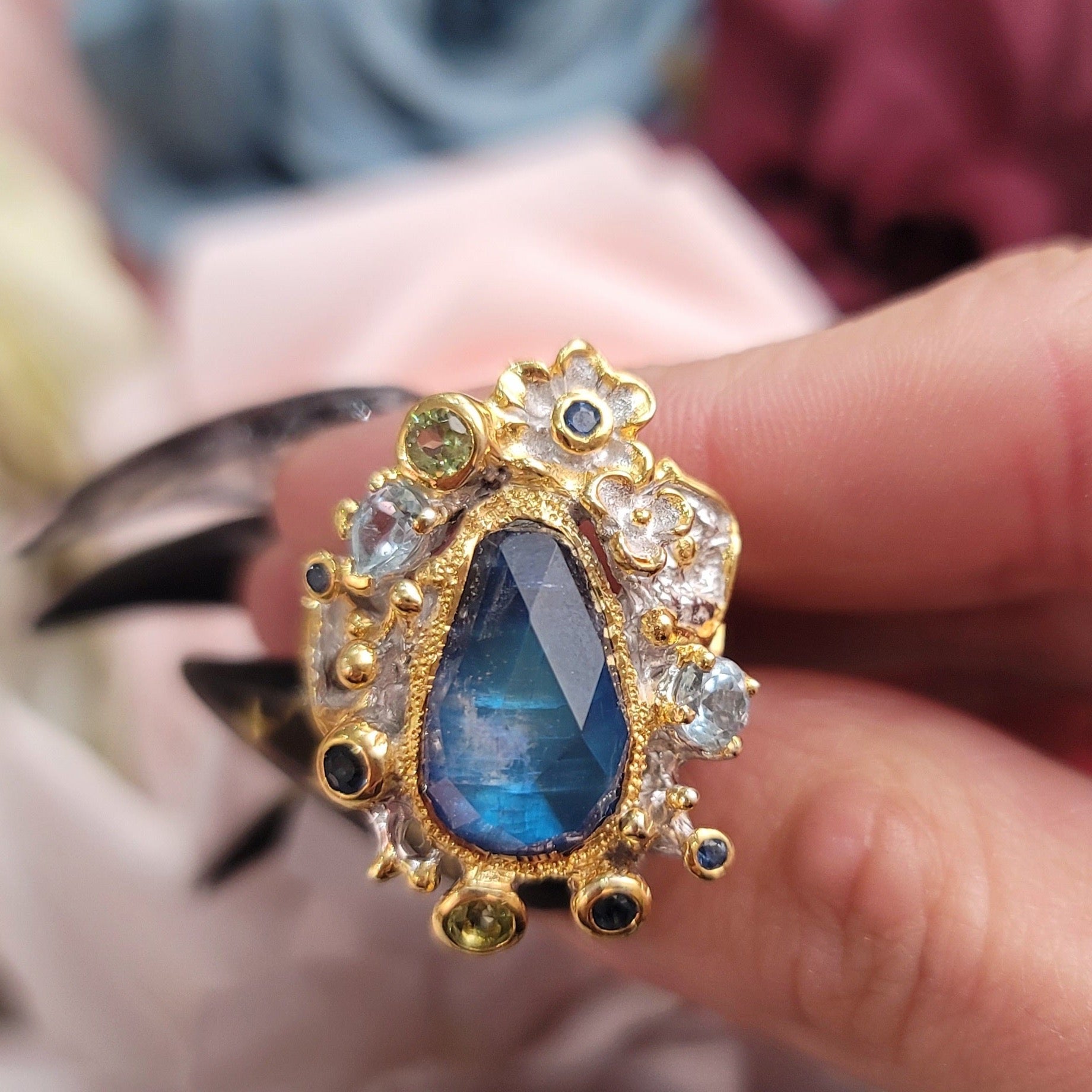 Goddess Spectrolite, Sapphire, Blue Topaz, Peridot, Aquamarine Ring .925 Sliver
