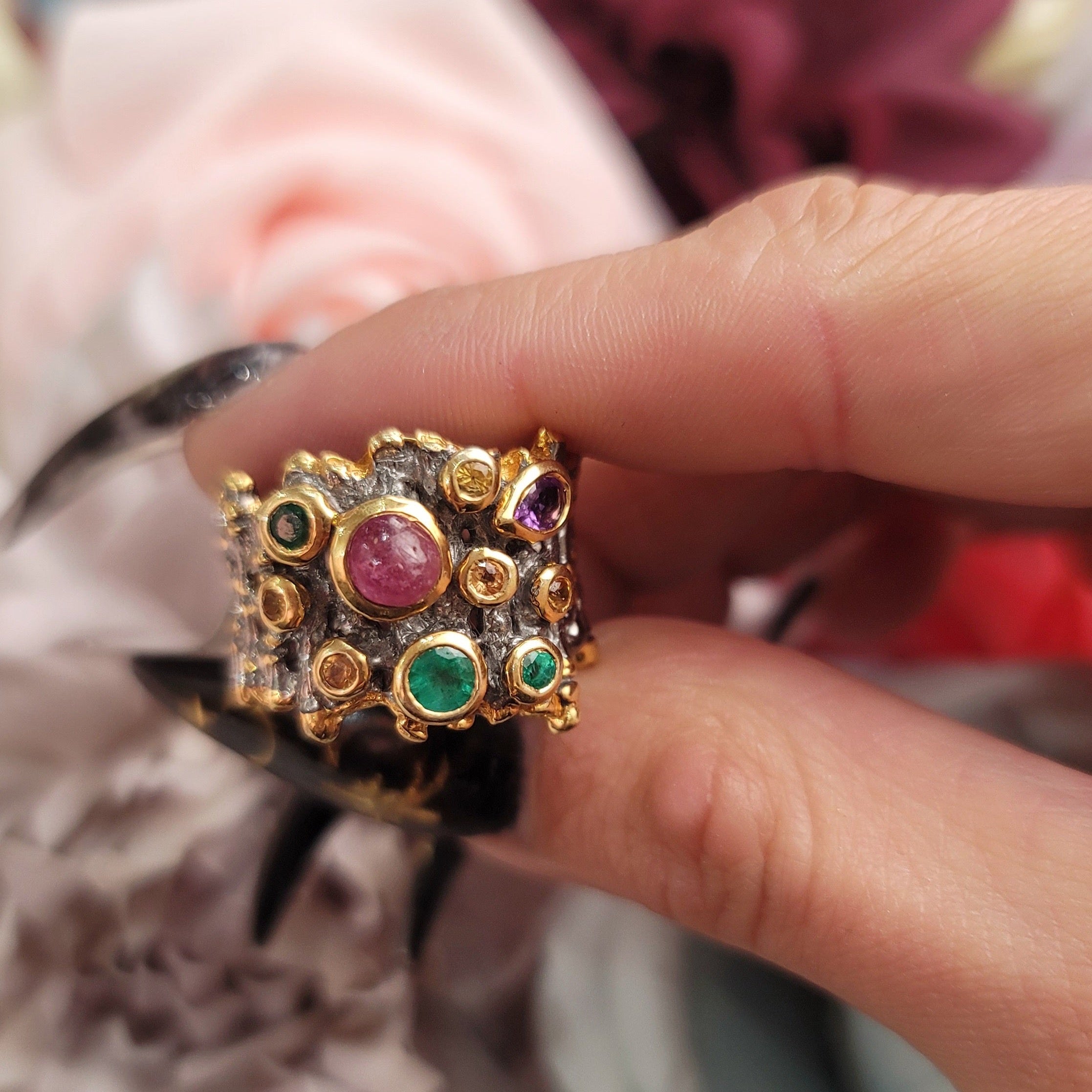 Emerald, Citrine, Amethyst and Ruby Ring .925 Sliver