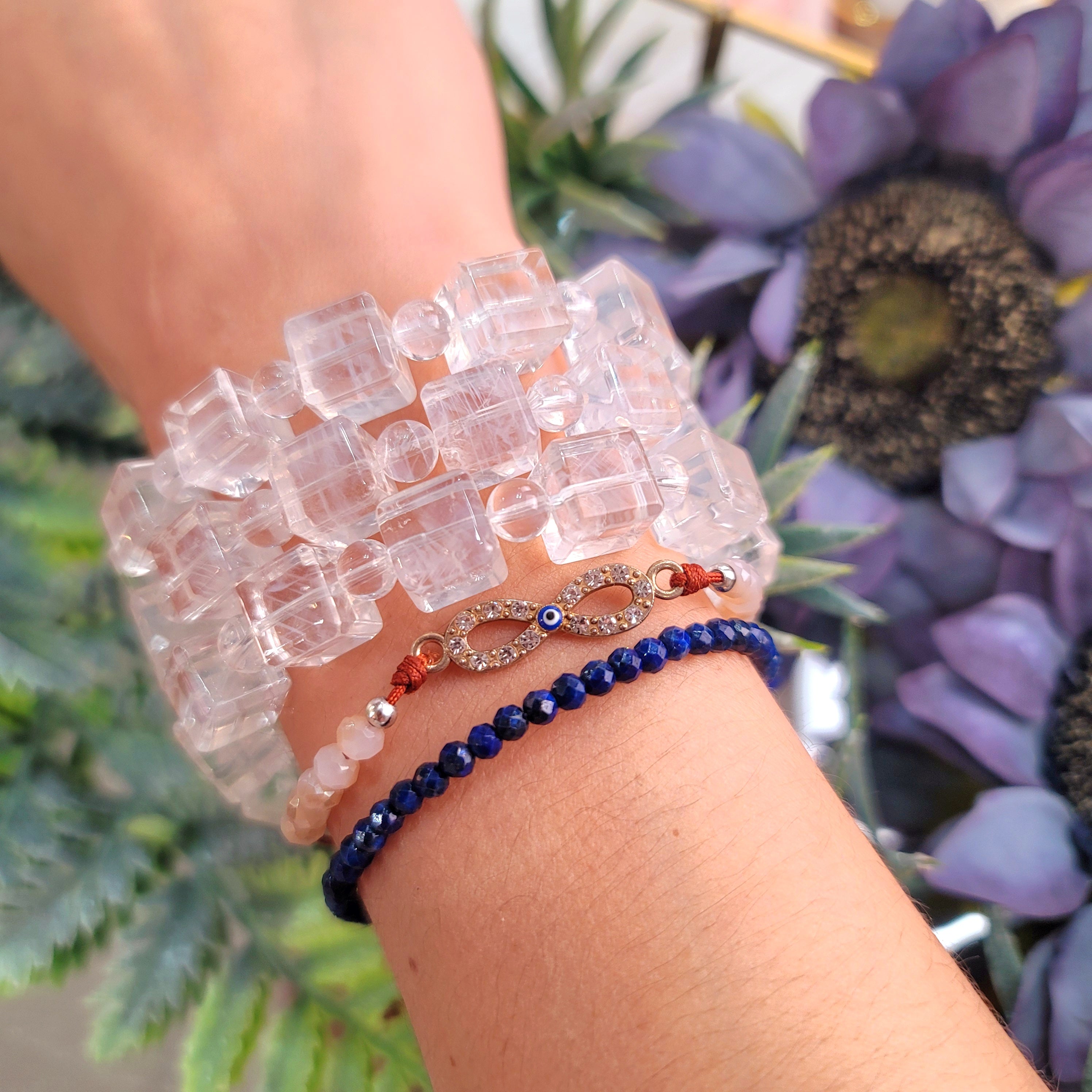 Blue Smoke Lemurian Quartz Cube Bracelet (AAA Grade) for Ascension, Connection with Ancestors & Angels and Wisdom