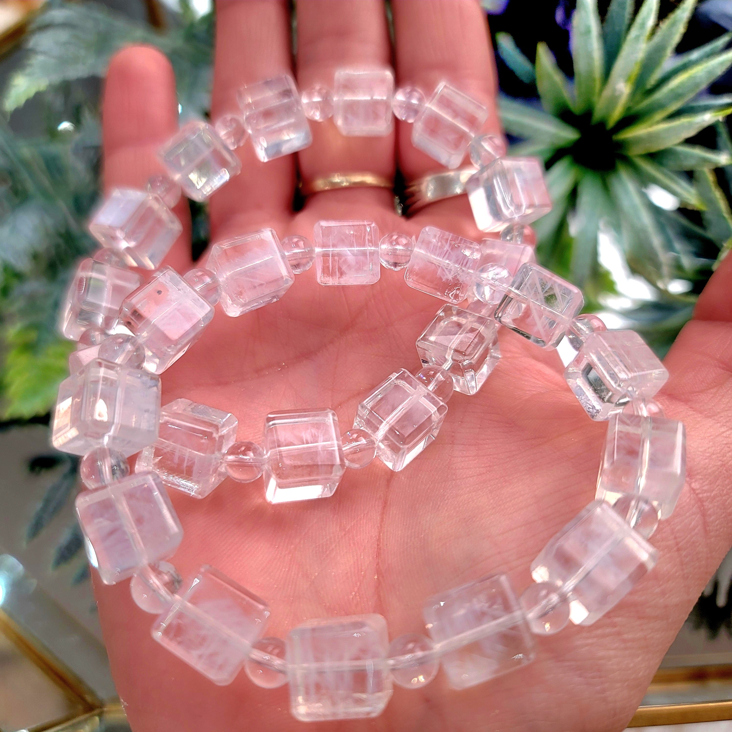 Blue Smoke Lemurian Quartz Cube Bracelet (AAA Grade) for Ascension, Connection with Ancestors & Angels and Wisdom