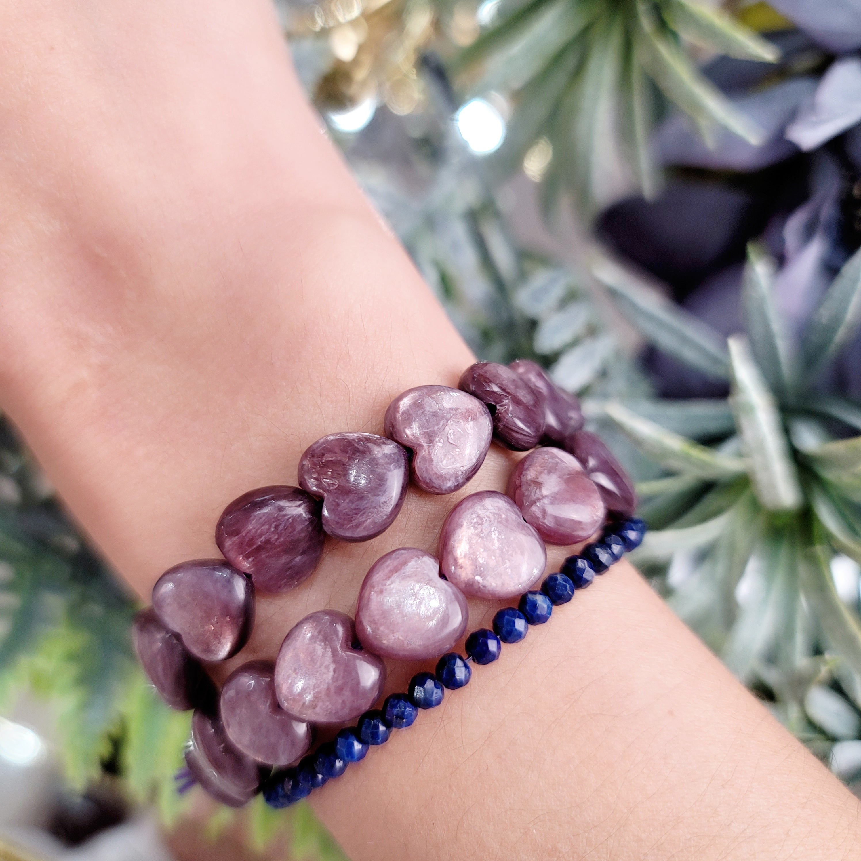 Gem Lepidolite Heart Bracelet for Anxiety Support, Joy and Stress Relief