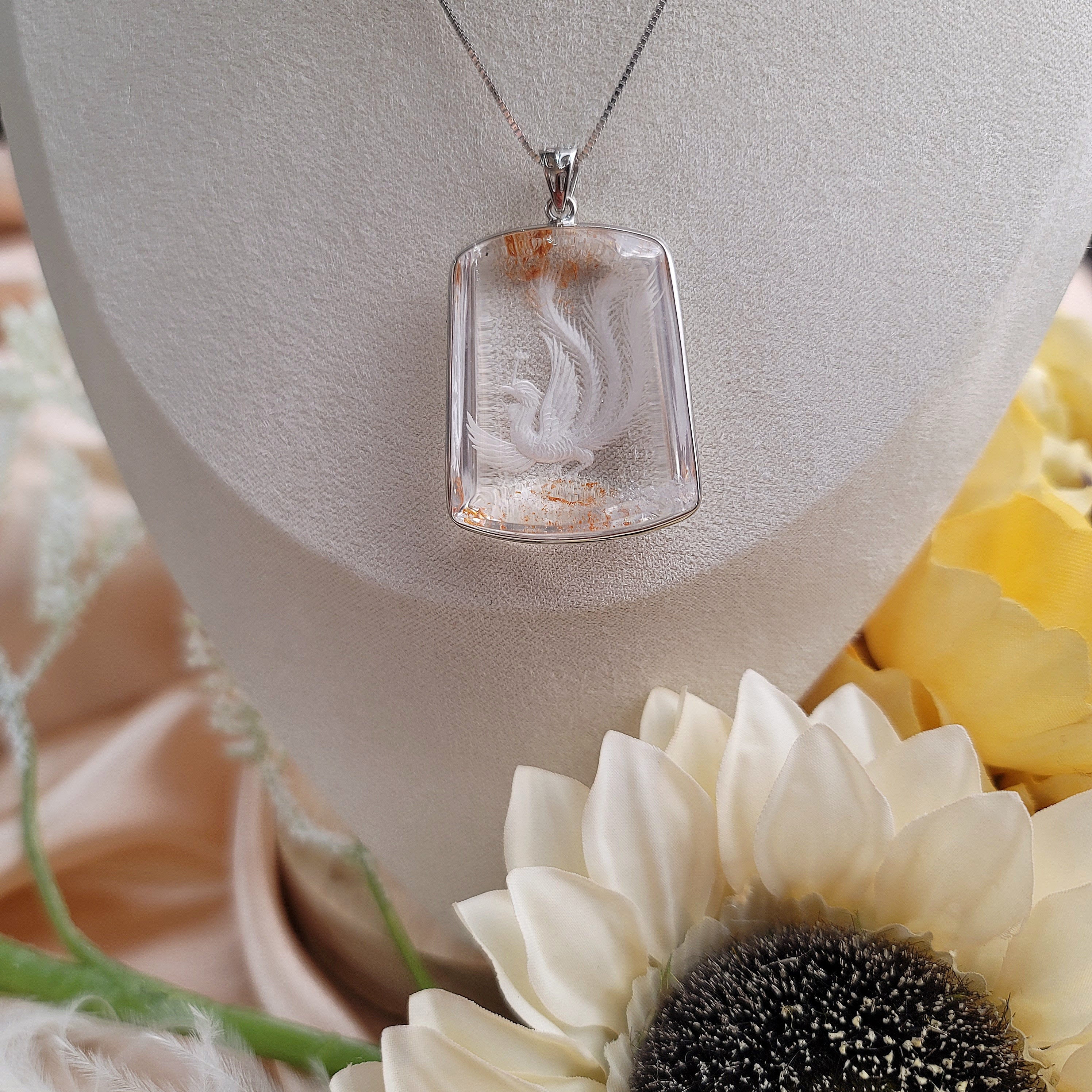 Clear Quartz With Fire Quartz Inclusions Carved Necklace For Healing, Intention Setting and Manifesting