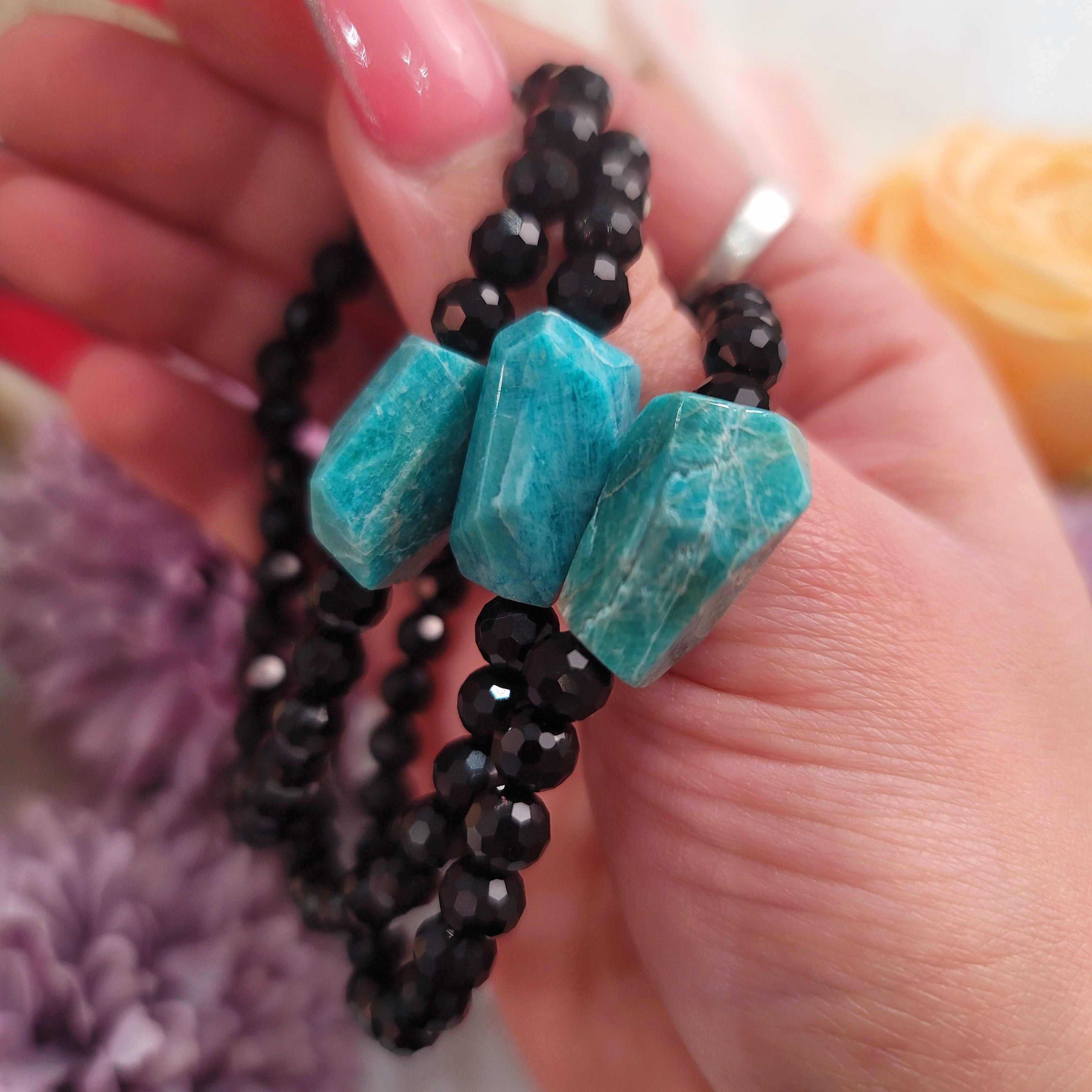 Black Onyx And Amazonite Faceted Bracelet for Amplification, Focus, Protection & Shield Against Negative Energy