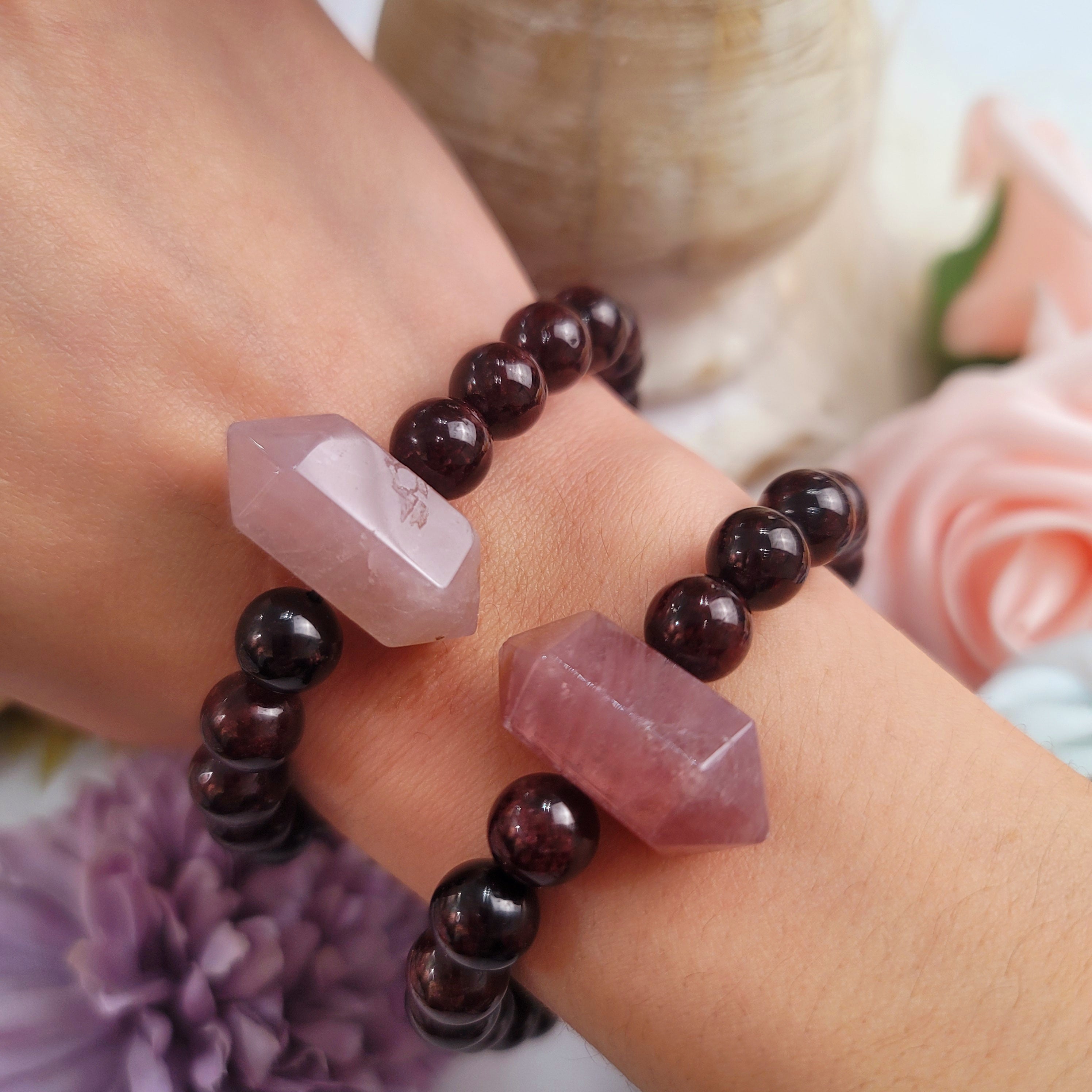 Garnet and Rose Quartz Double Terminated Point Bracelet for Grounding, Health and Strength