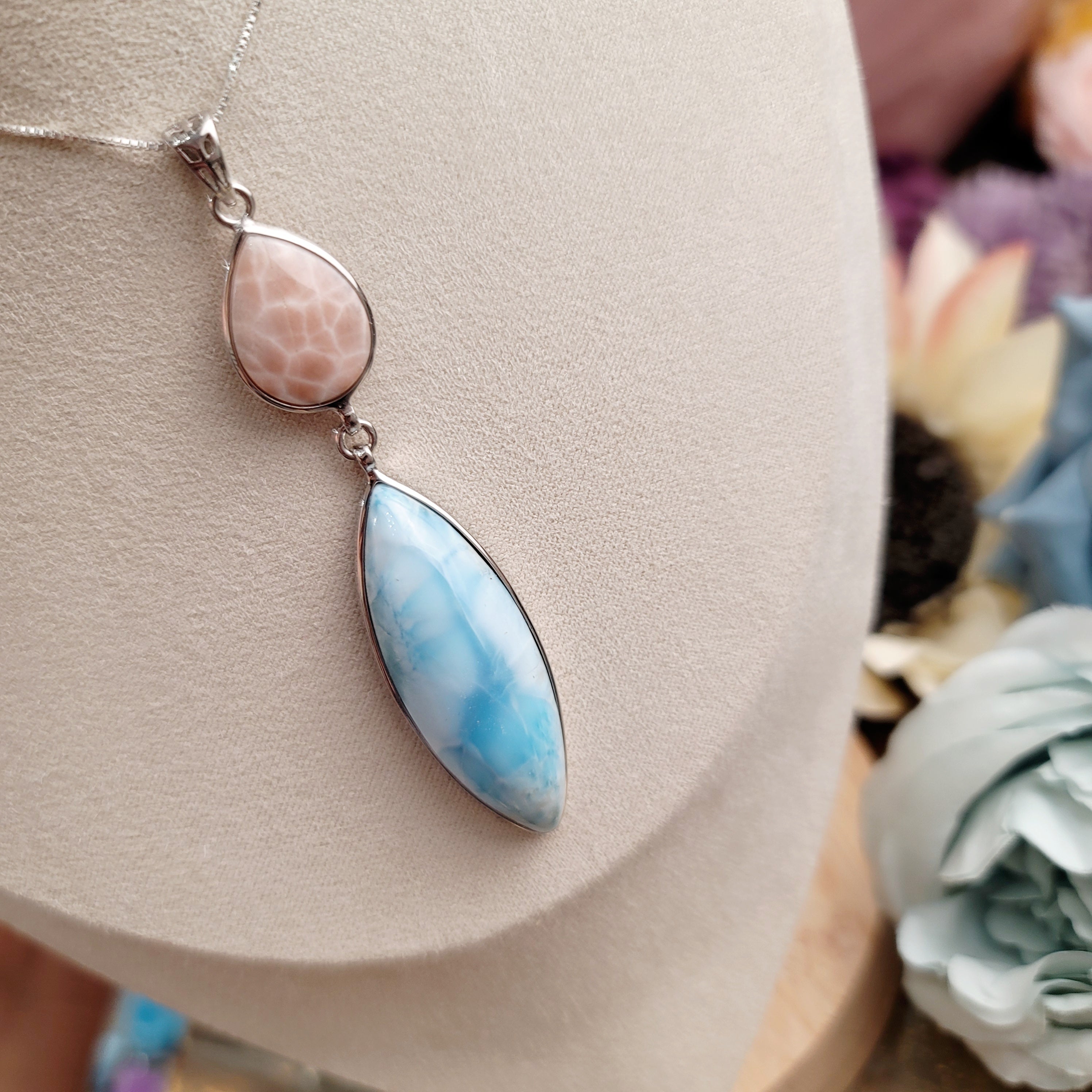 Larimar and Natrolite Necklace for Awakening your Intuitive Powers and Tranquility