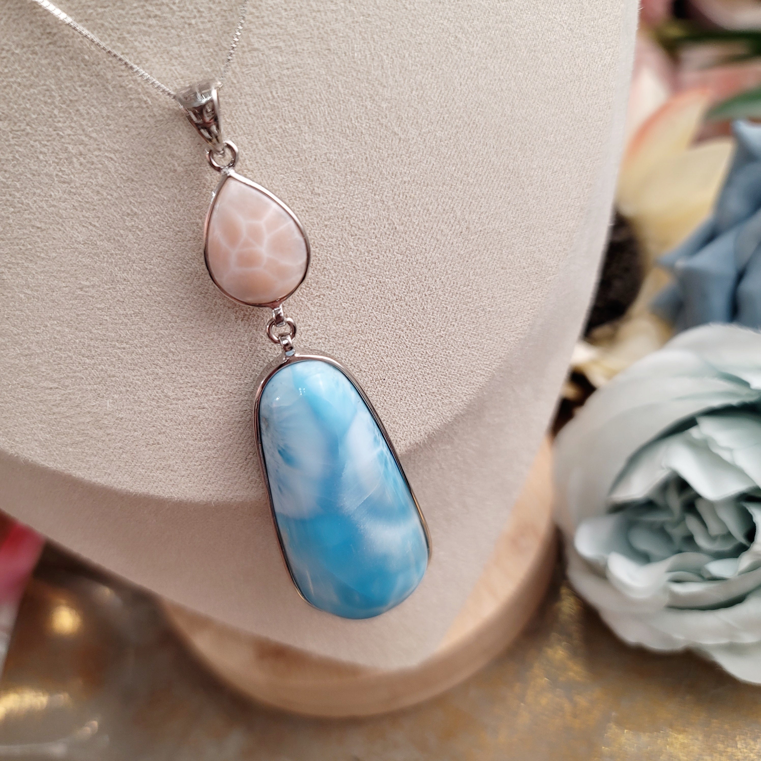 Larimar and Natrolite Necklace for Awakening your Intuitive Powers and Tranquility