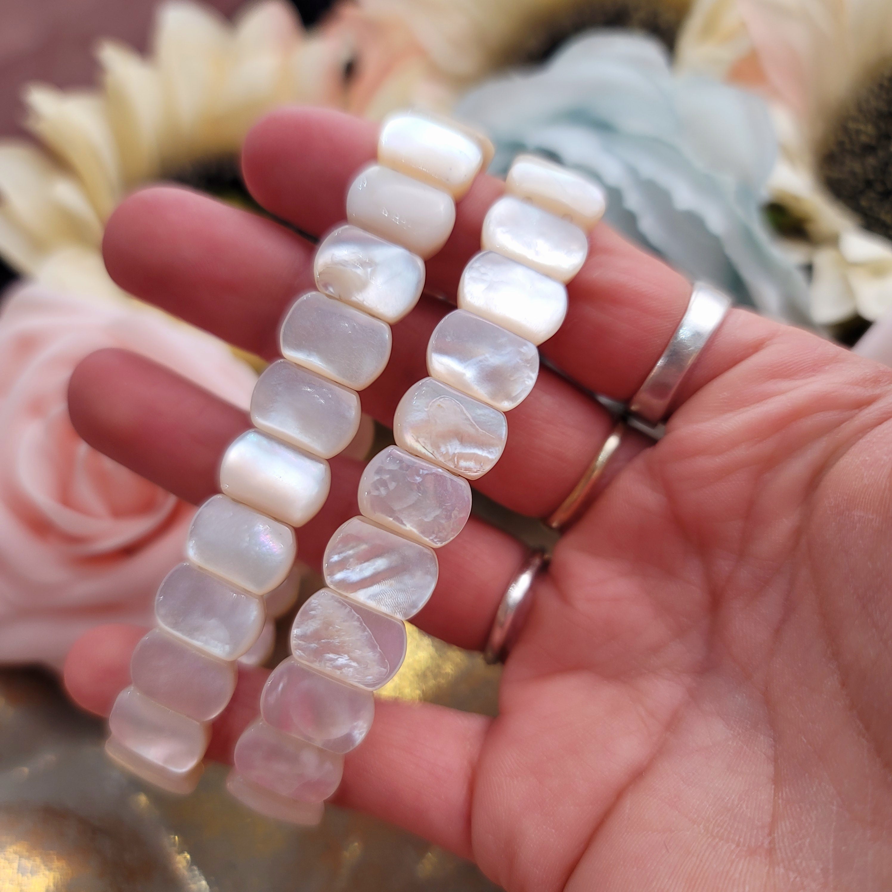 Mother of Pearl Stretchy Bangle for Soothing Anxiety, Promoting Compassion and Love
