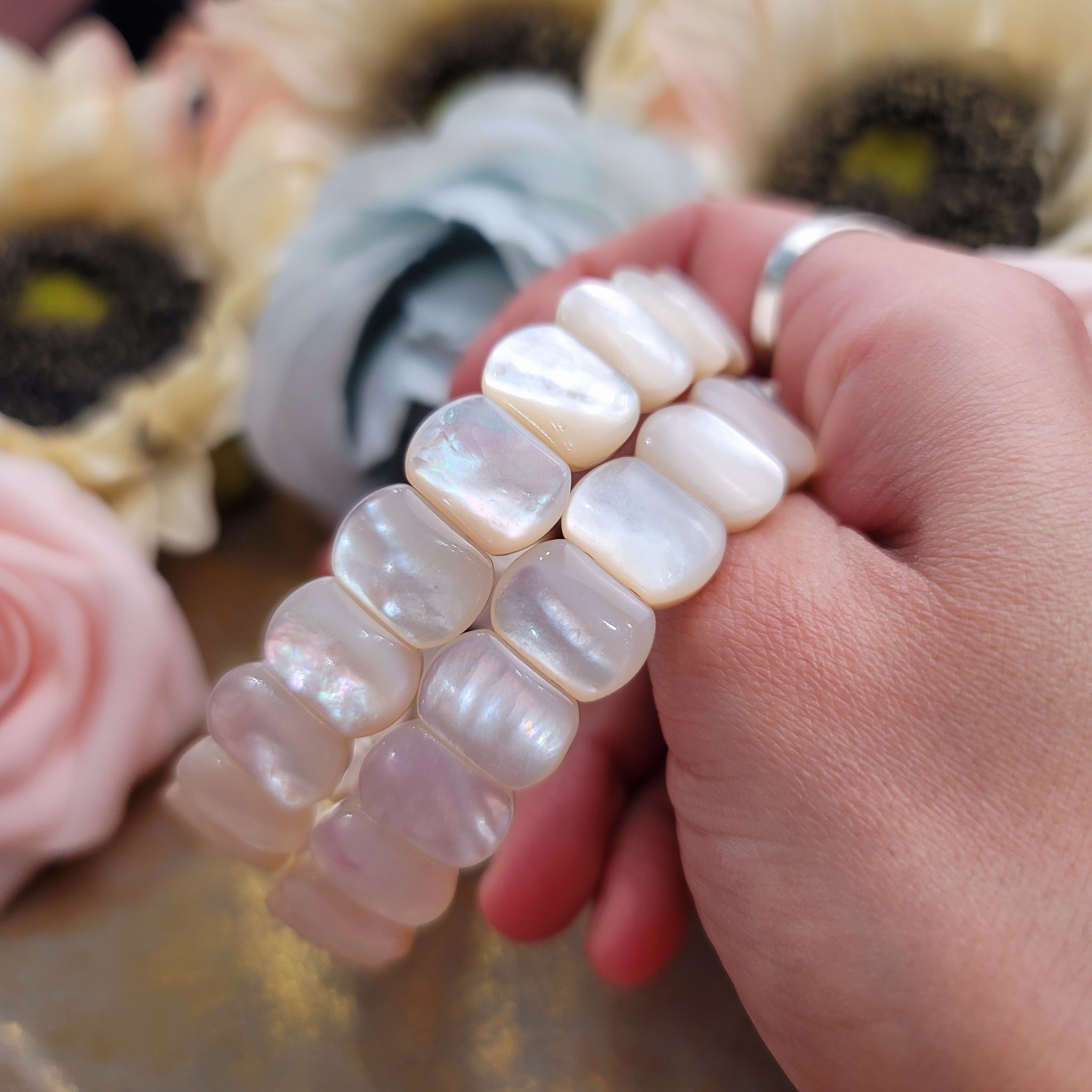 Mother of Pearl Stretchy Bangle for Soothing Anxiety, Promoting Compassion and Love