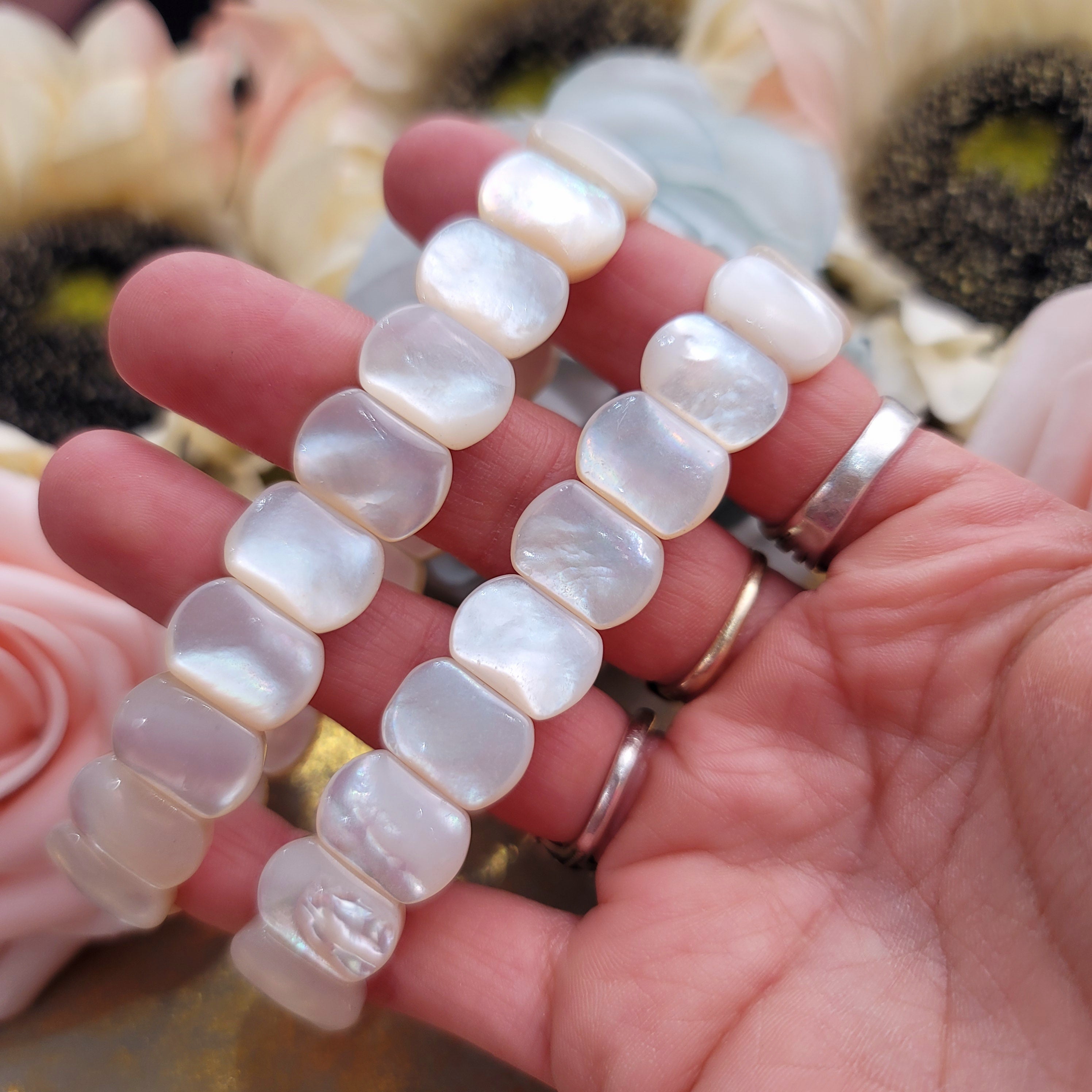 Mother of Pearl Stretchy Bangle for Soothing Anxiety, Promoting Compassion and Love