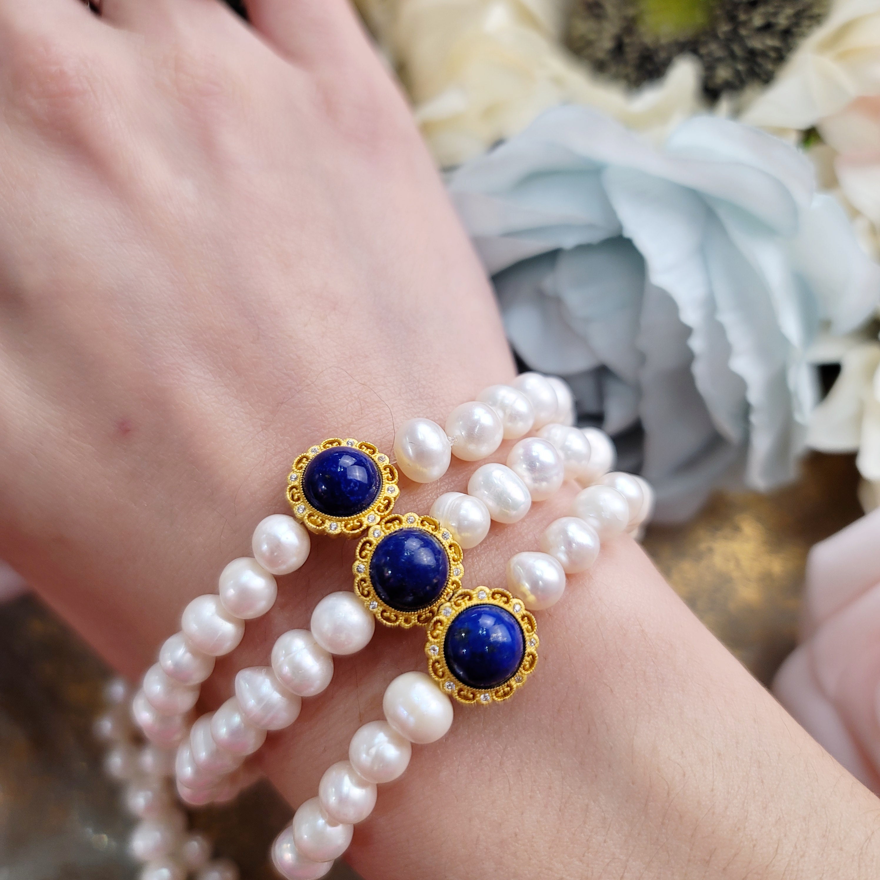 Lapis Lazuli Pearl Goddess Bracelet for Confidence, Intuition and Power