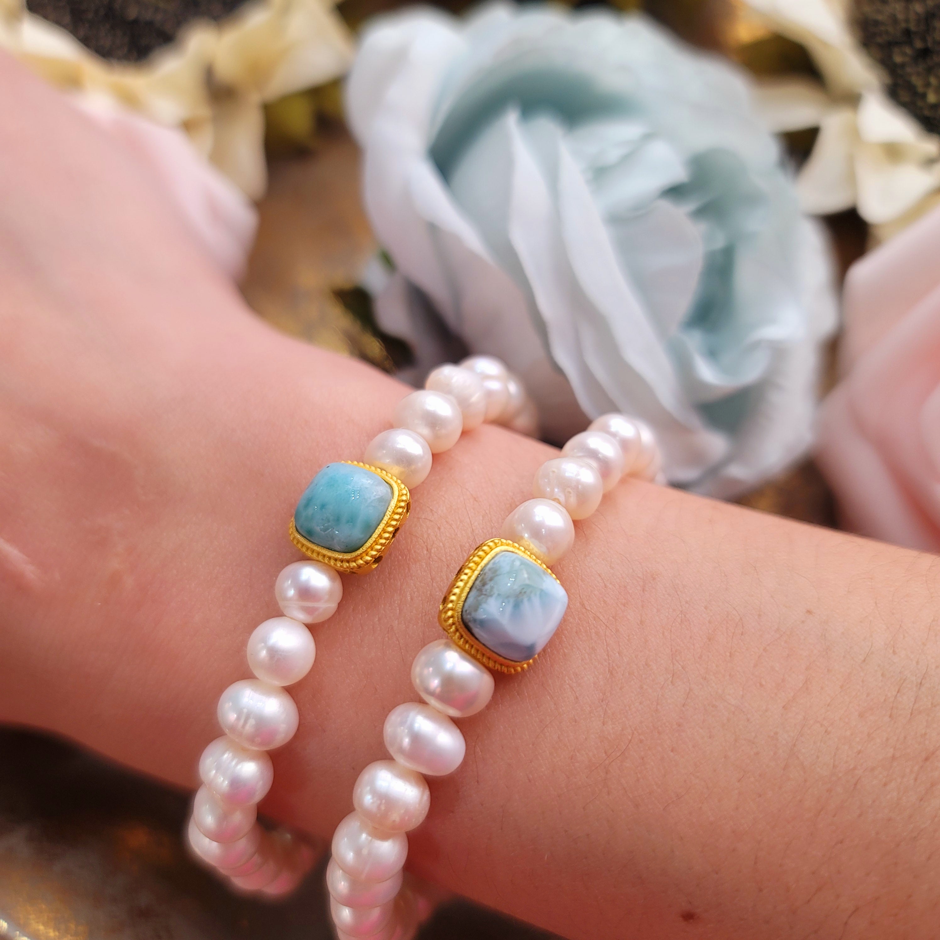 Larimar and Pearl Goddess Bracelet for Calm & Tranquility