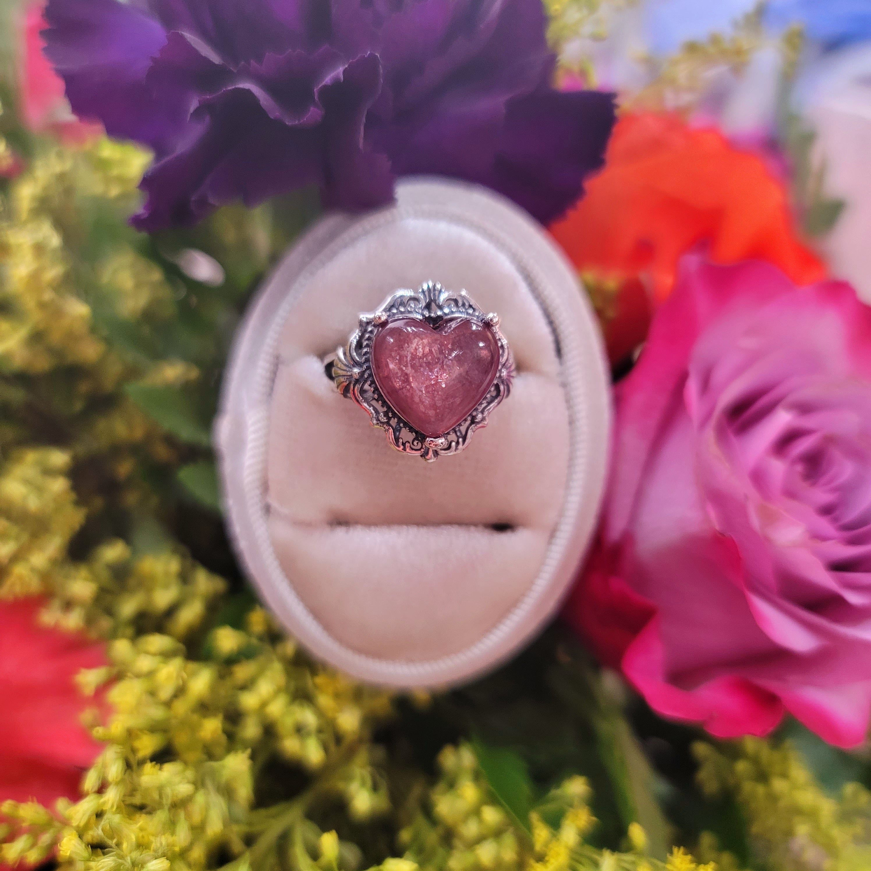 Gem Lepidolite Vintage Style Heart Adjustable Ring .925 Silver for Anxiety Support, Joy and Stress Relief