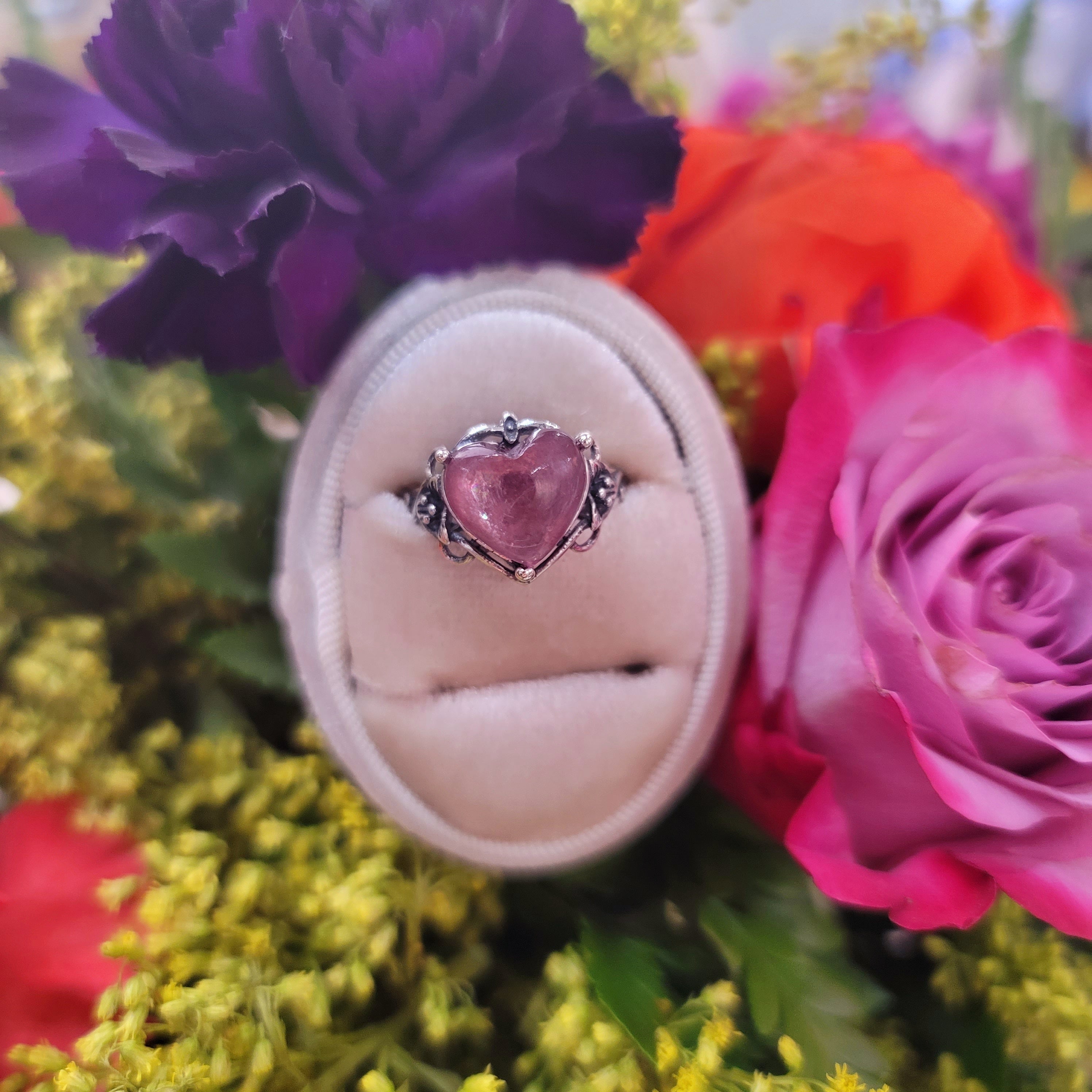 Gem Lepidolite Vintage Style Heart Adjustable Ring .925 Silver for Anxiety Support, Joy and Stress Relief