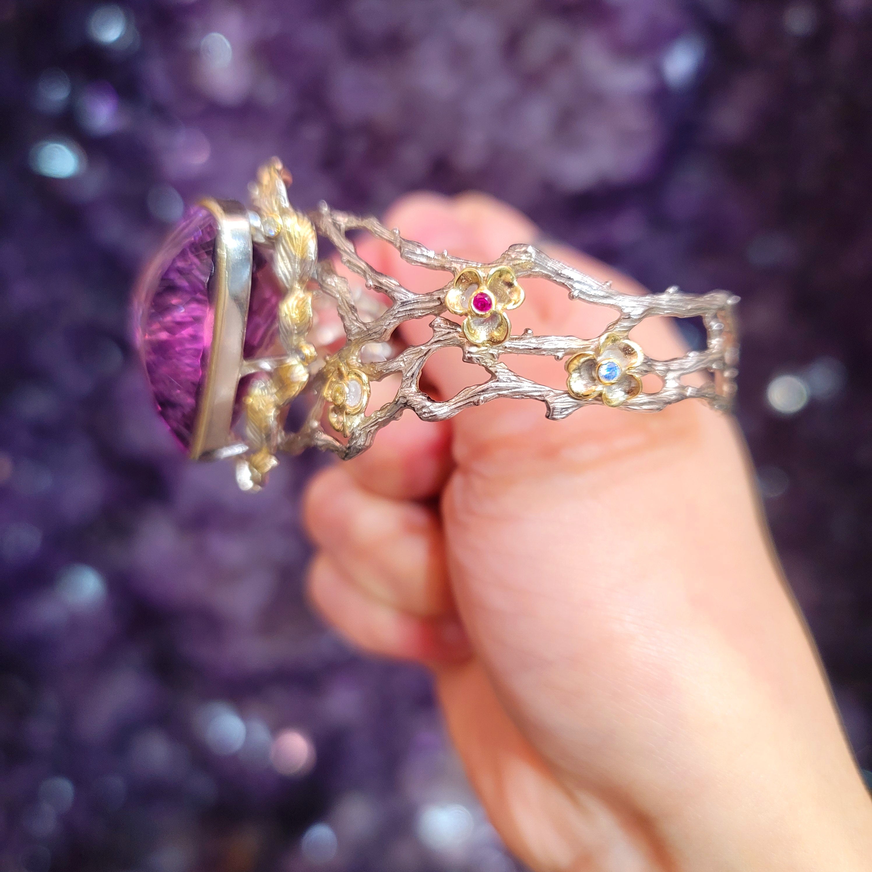 Amethyst Enchanted Cuff Bracelet for Intuition, Connection with the Divine and Sobriety