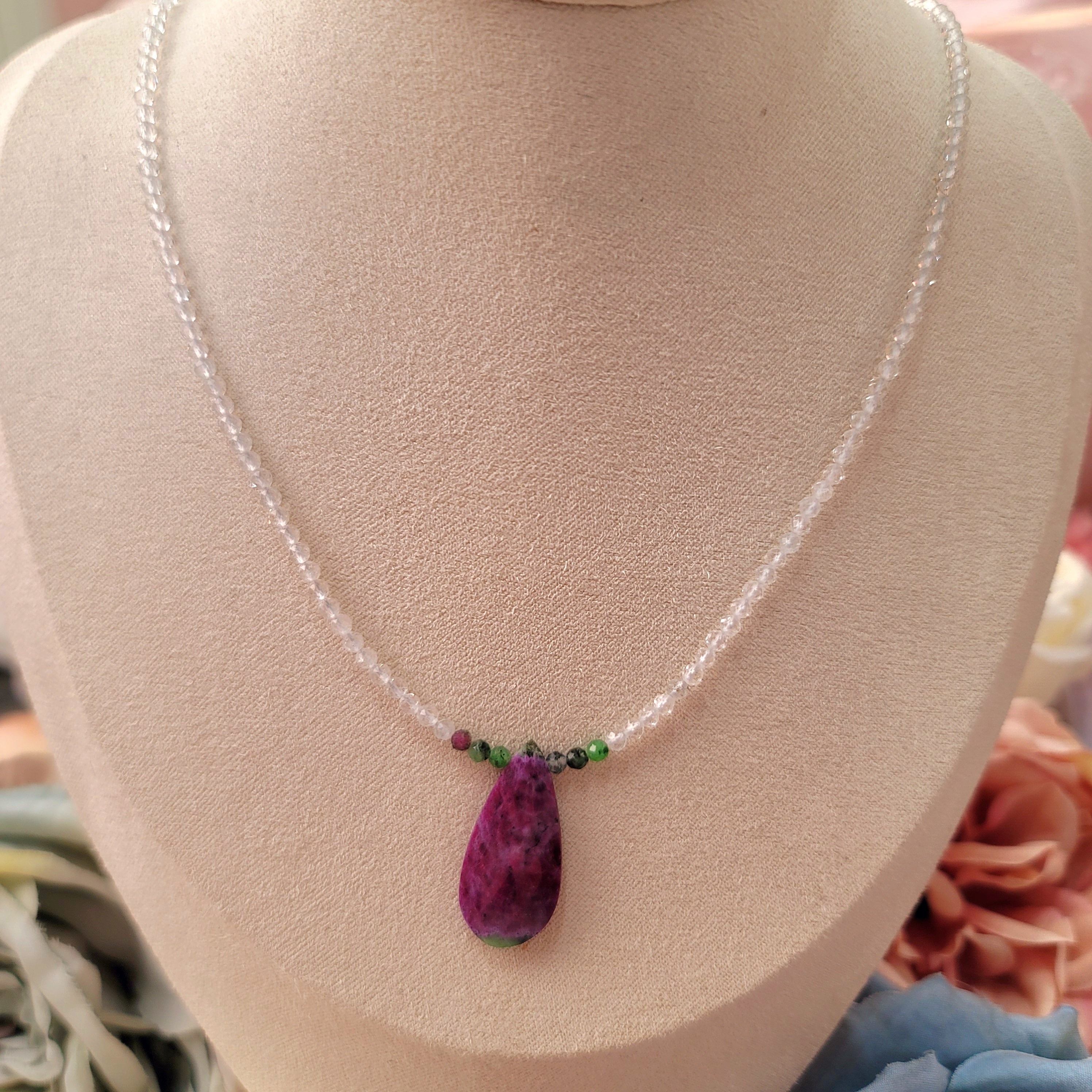 White Topaz and Ruby Zoisite Micro Faceted Necklace for Harmonizing Relationships & Passion