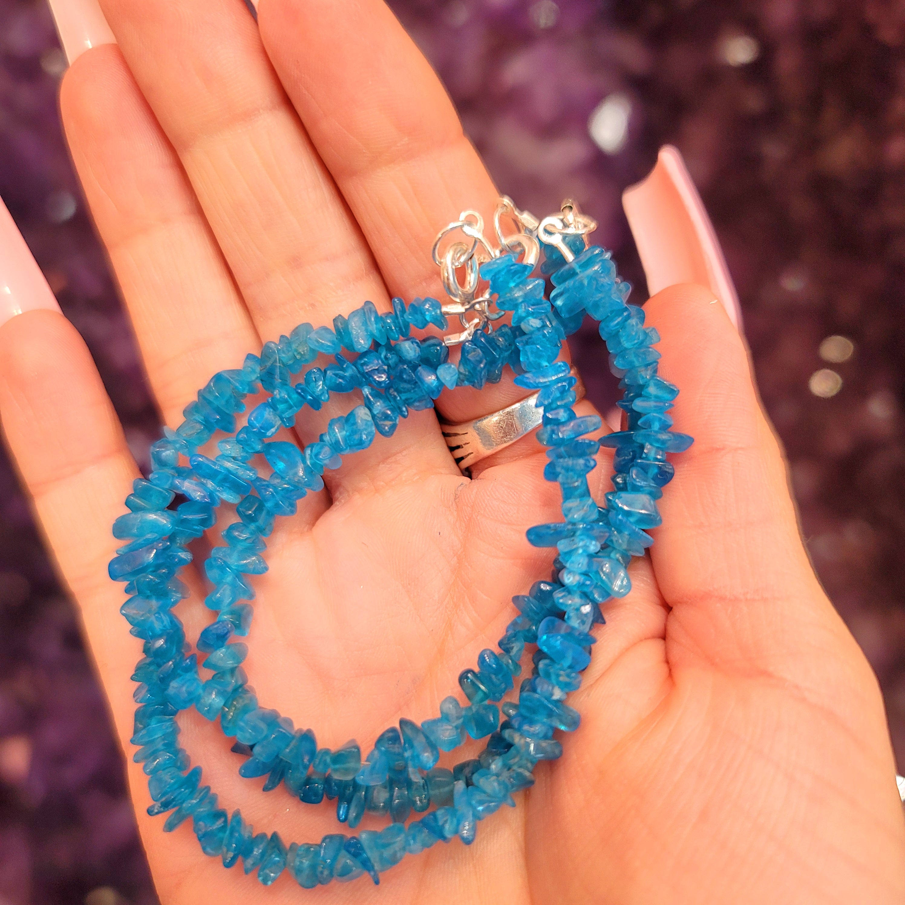 Blue Neon Apatite Chip Bracelet for Connection, Healthy Weight Loss and Overall Wellness