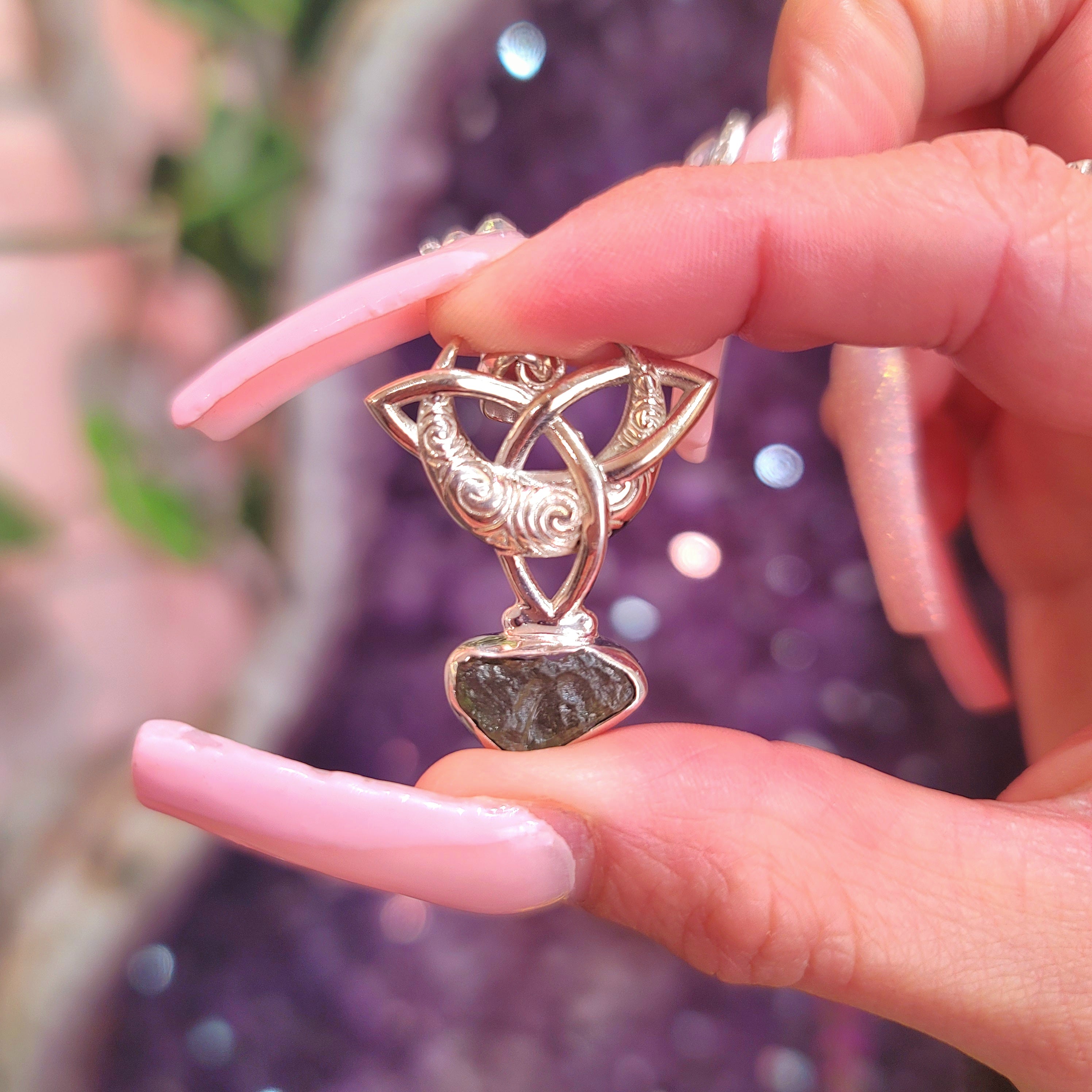Moldavite Crescent Moon Triquerta .925 Silver Pendant for Transforming your Life and Connection with the Goddess