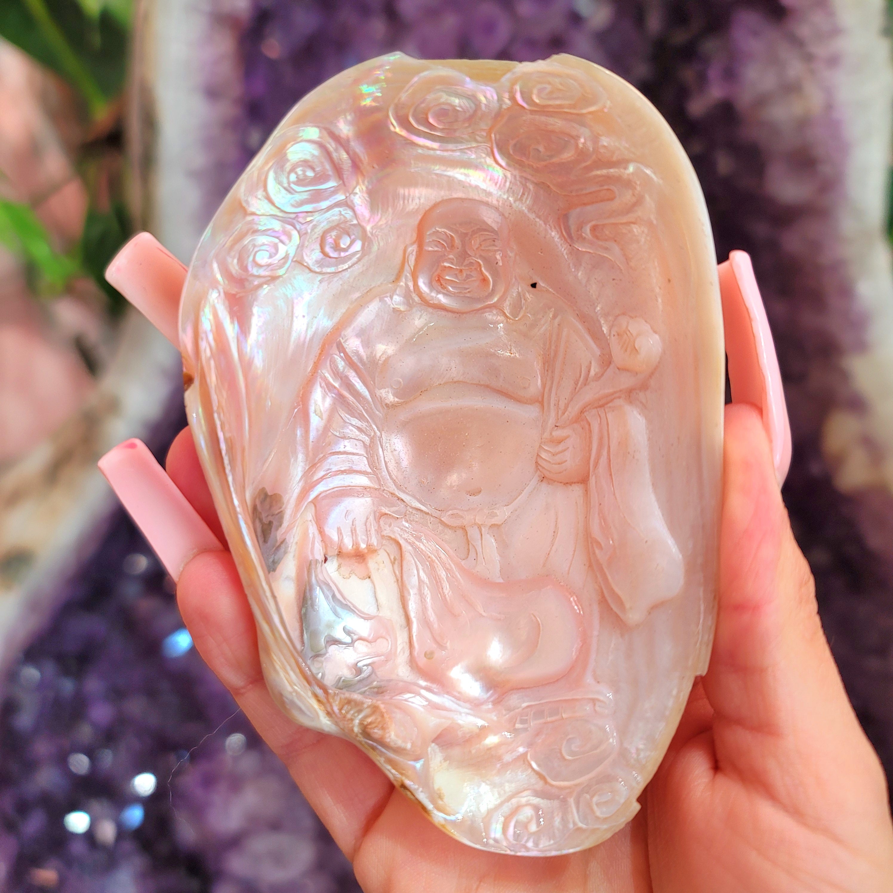 Abalone Shell Bowl Carved Laughing Buddah for Soothing Anxiety, Promoting Compassion and Love