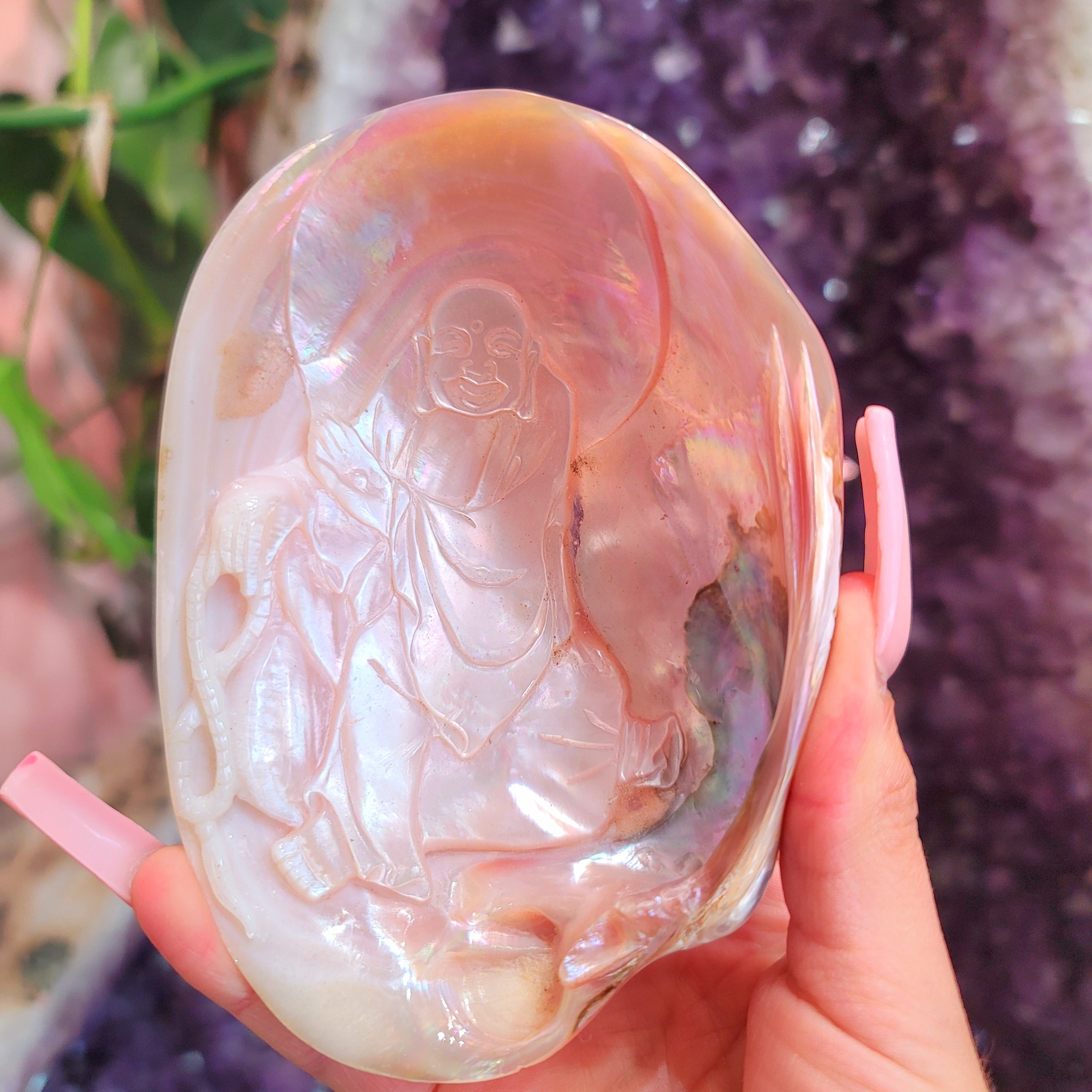 Abalone Shell Bowl Carved Laughing Buddah for Soothing Anxiety, Promoting Compassion and Love