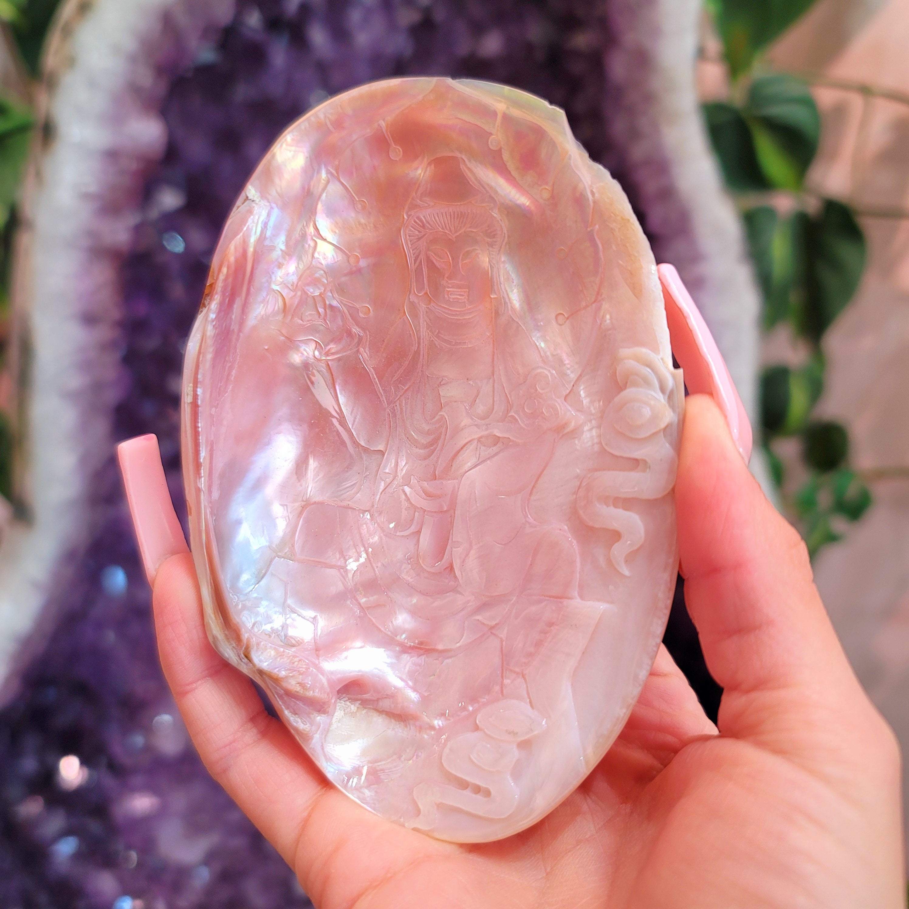 Abalone Shell Bowl Carved Kuan Yan for Soothing Anxiety, Promoting Compassion and Love