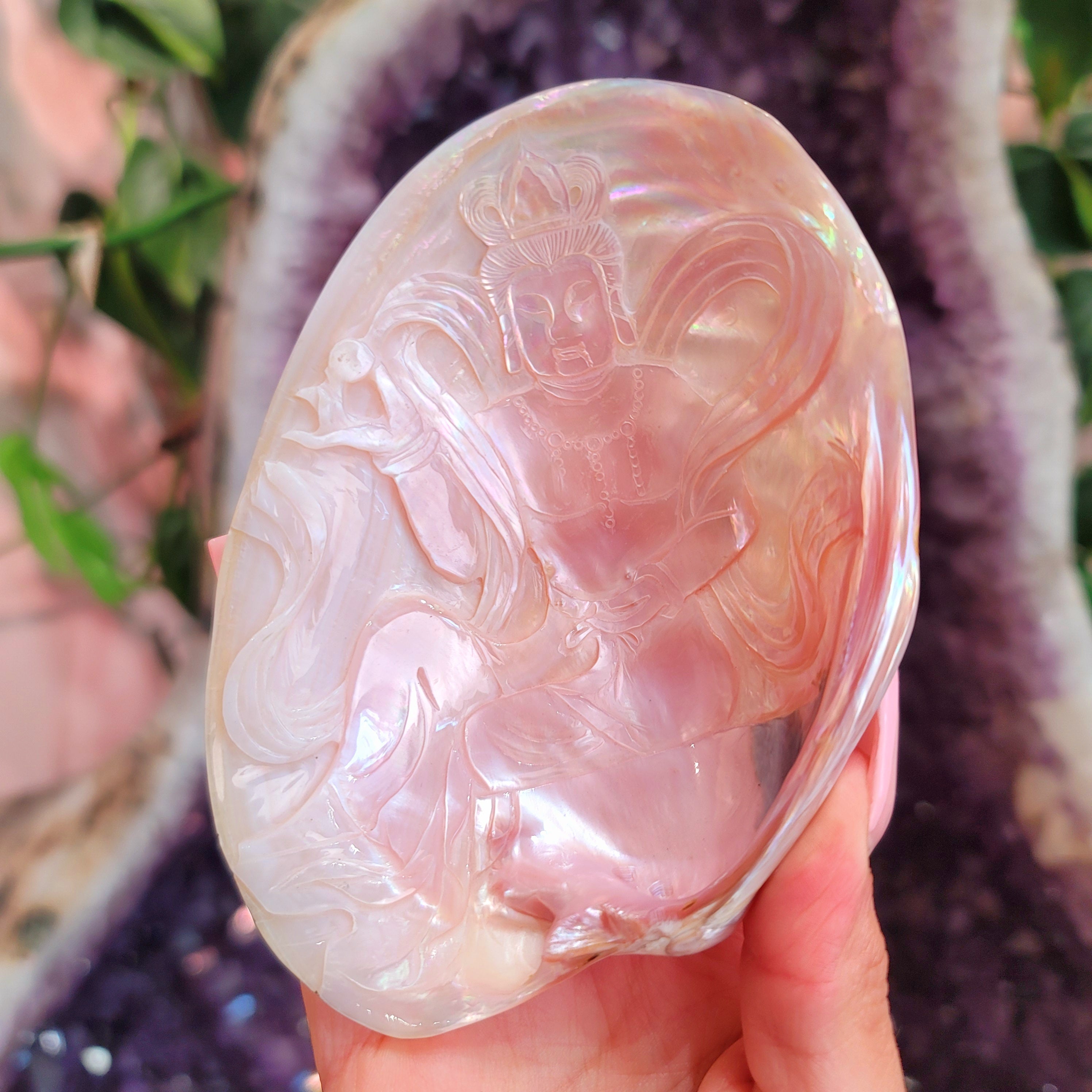 Abalone Shell Bowl Carved Kuan Yan for Soothing Anxiety, Promoting Compassion and Love