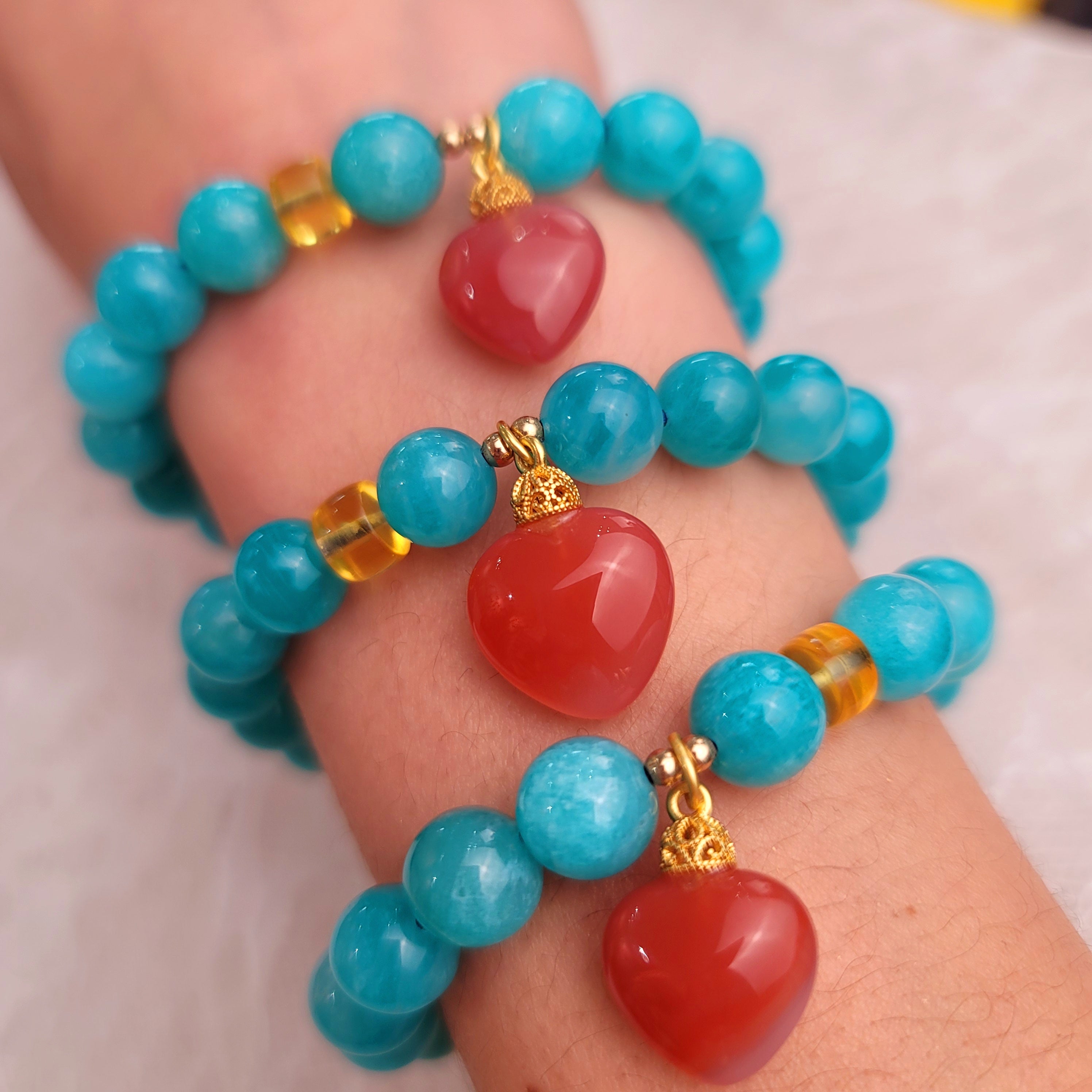 Amazonite with Yanyuan Heart Charm and Amber Bracelet for Speaking Your Truth