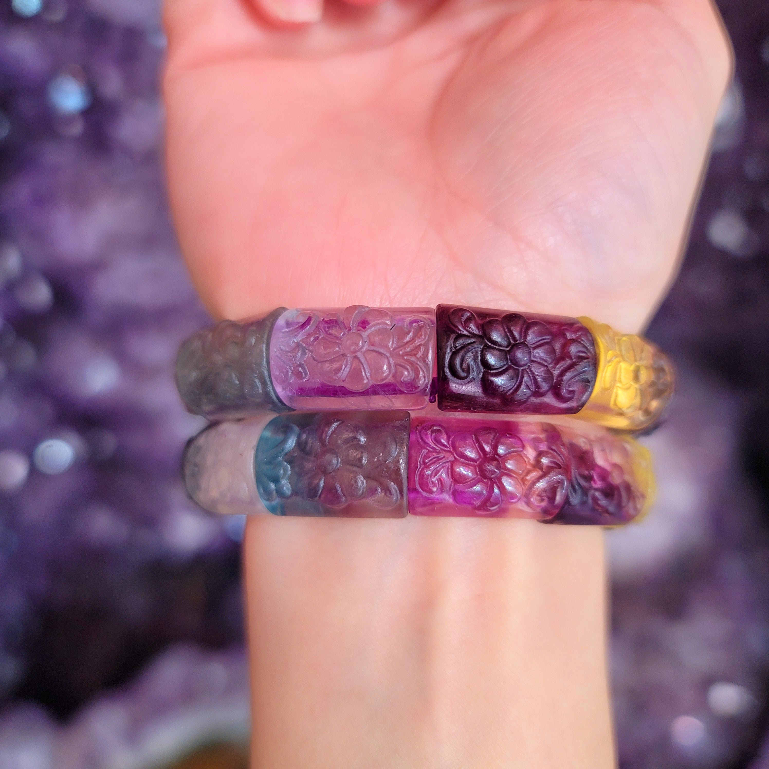 Rainbow Fluorite Stretchy Bangle Bracelet for Clarity, Focus and Memorization