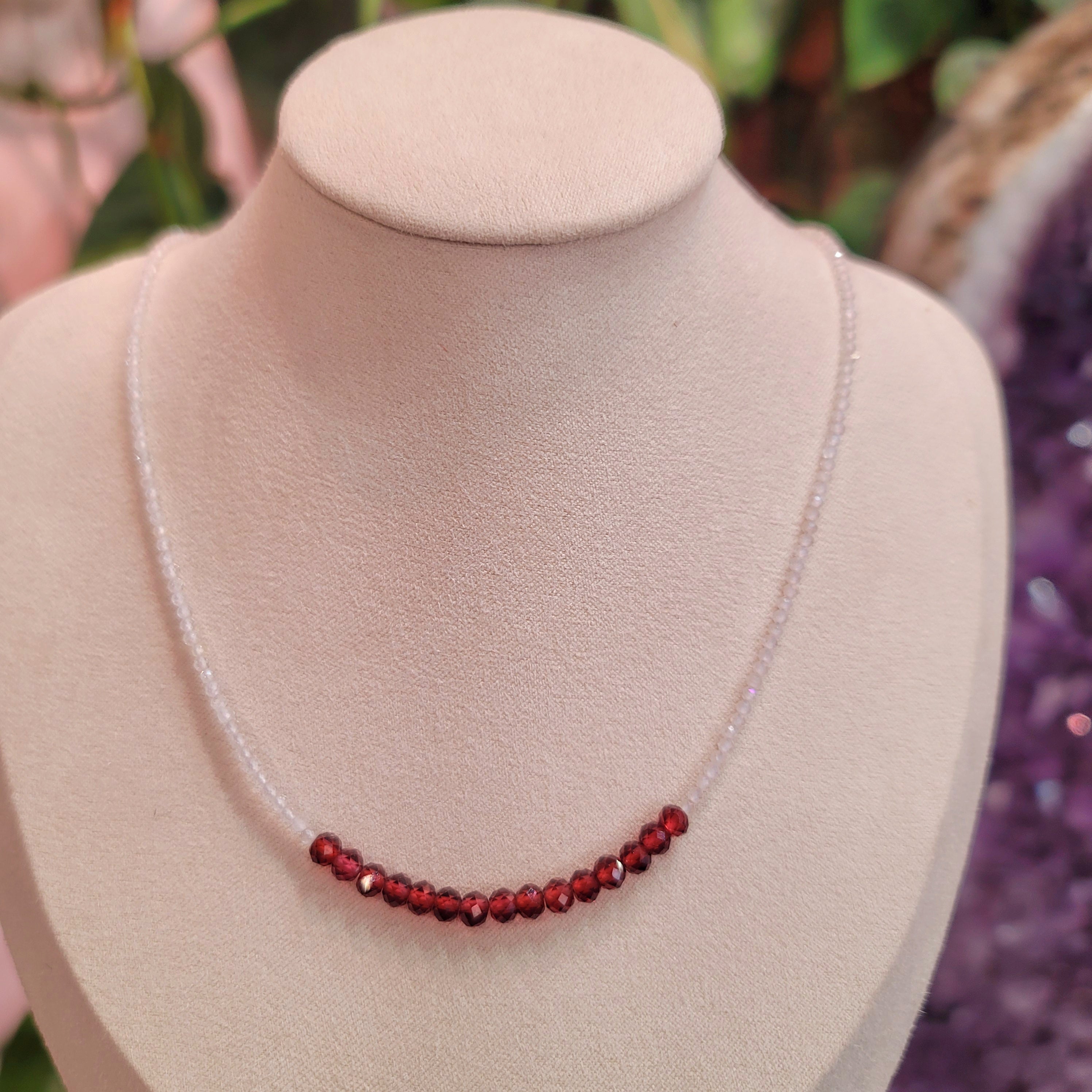 Red Garnet & White Topaz Micro Faceted Necklace for Health and Strength