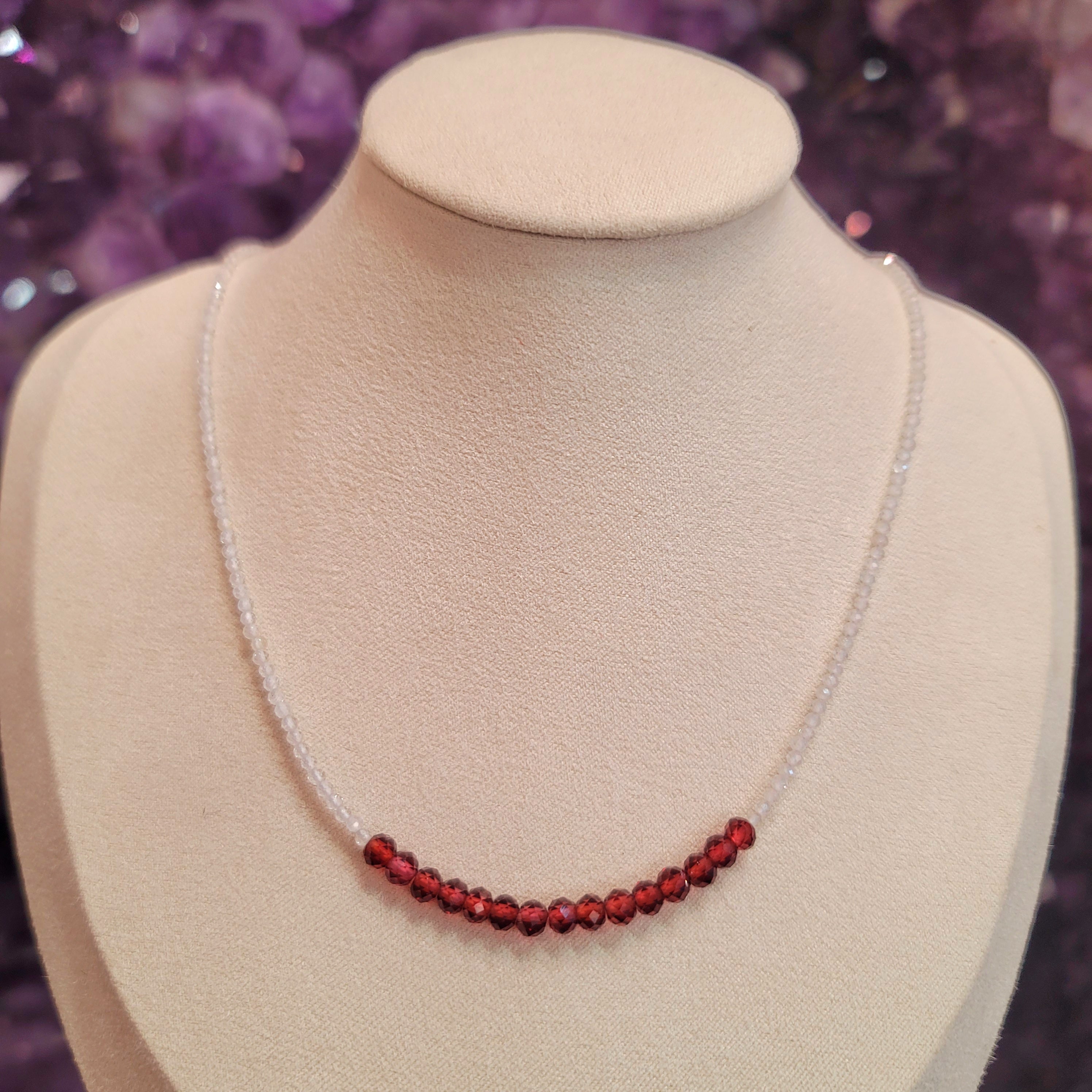 Red Garnet & White Topaz Micro Faceted Necklace for Health and Strength