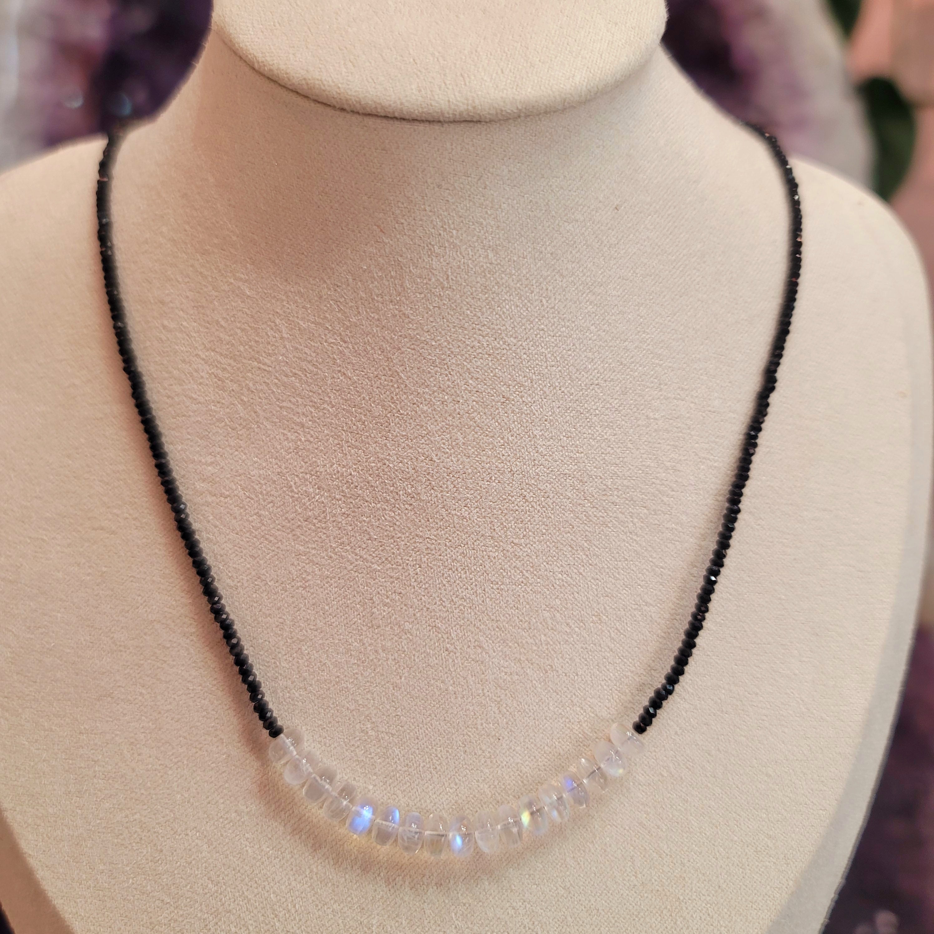 Black Spinel With Rainbow Moonstone Micro Faceted Necklace