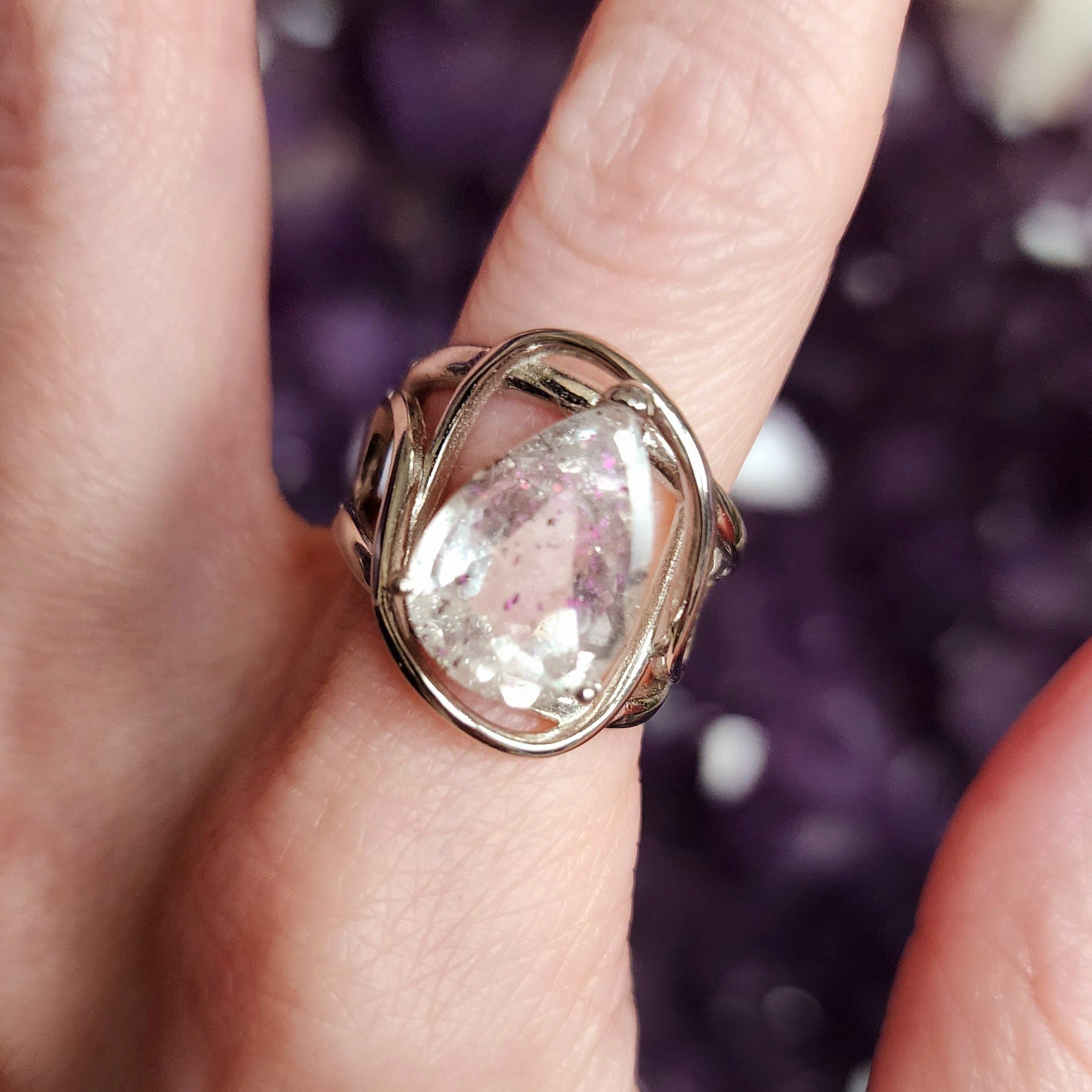 Pink Fire Covellite in Quartz .925 Silver Finger Bracelet for Spiritual Evolution and Energy Flow