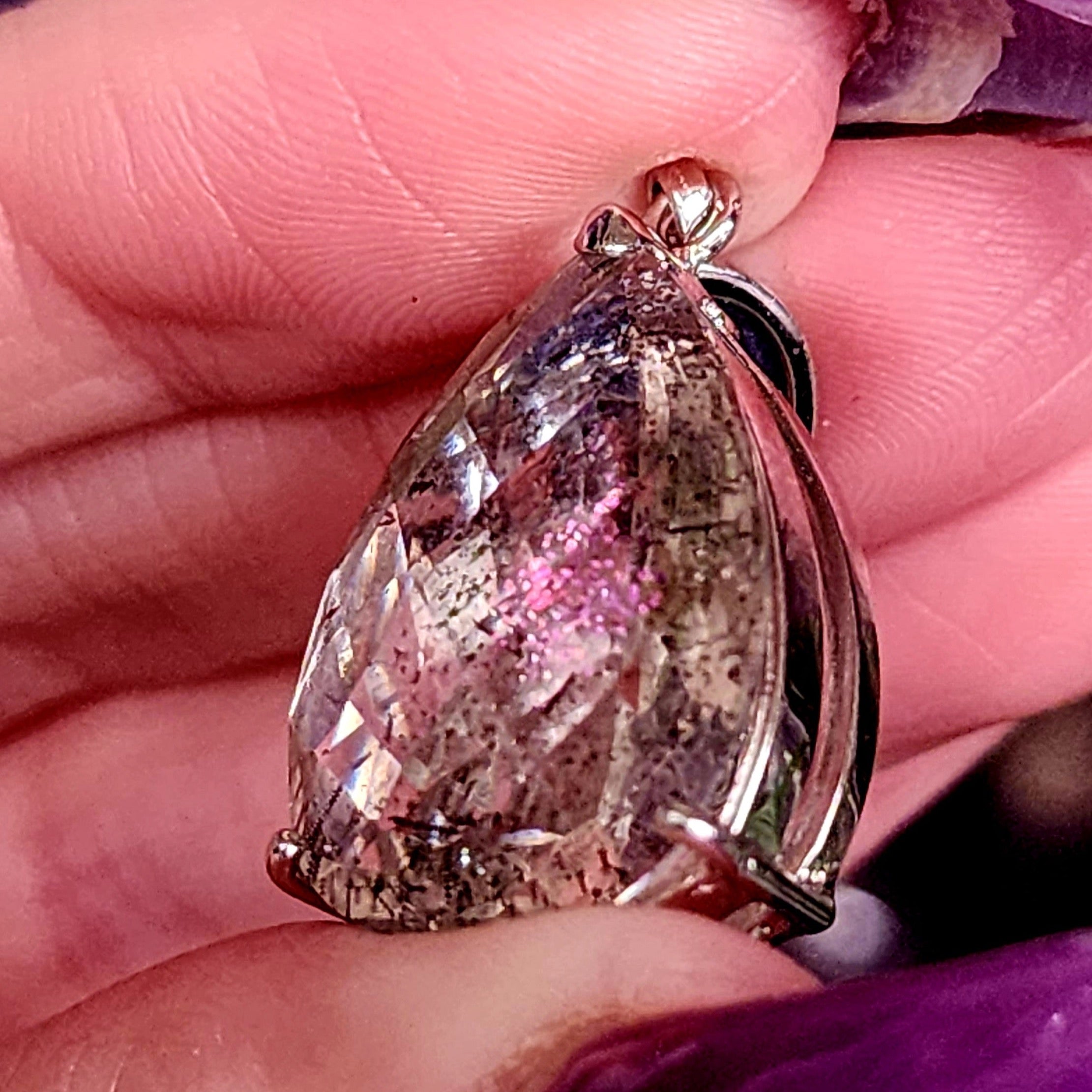 Pink Fire Covellite in Quartz .925 Silver Pendant for Spiritual Evolution and Energy Flow