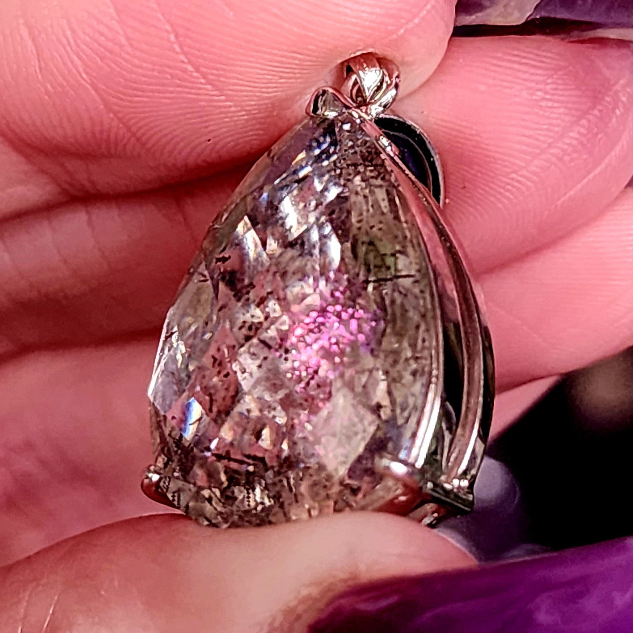 Pink Fire Covellite in Quartz .925 Silver Pendant for Spiritual Evolution and Energy Flow