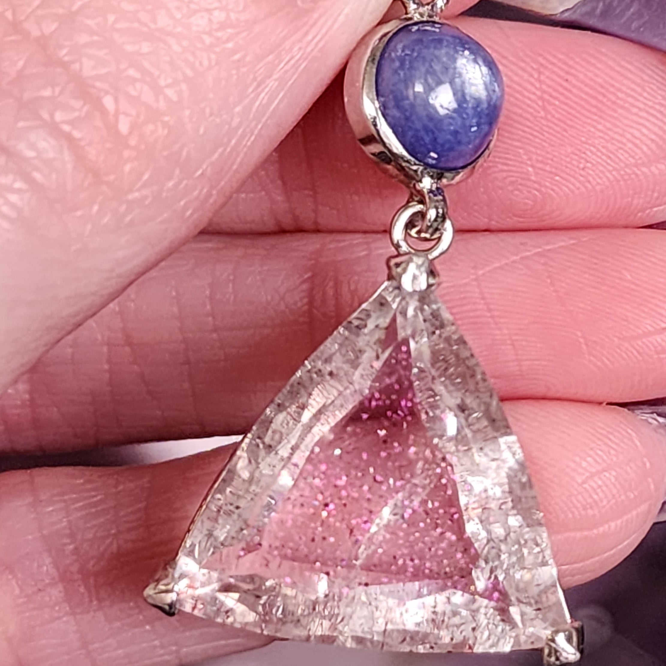 Pink Fire Covellite in Quartz And Tanzanite .925 Silver Pendant for Spiritual Evolution and Energy Flow