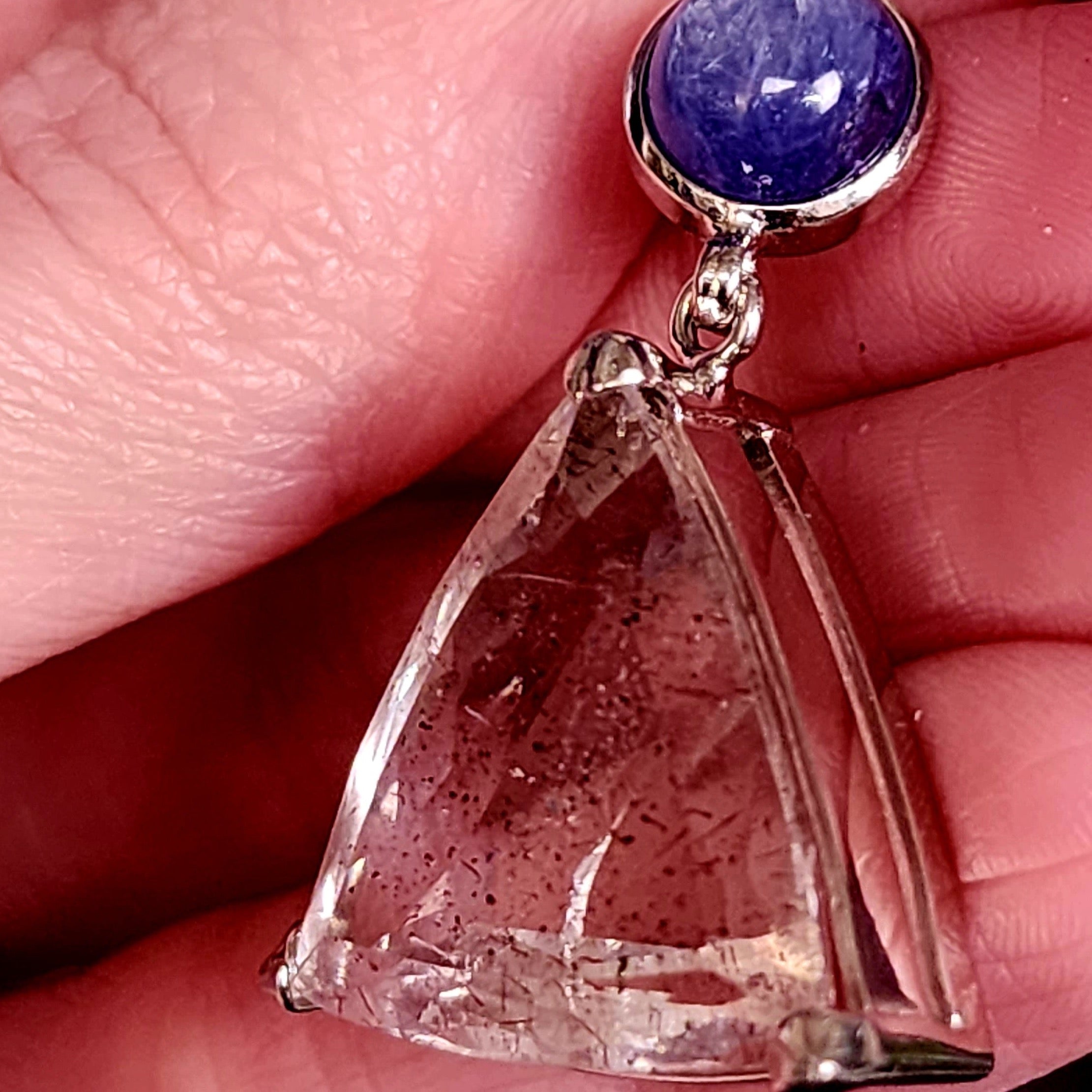 Pink Fire Covellite in Quartz And Tanzanite .925 Silver Pendant for Spiritual Evolution and Energy Flow