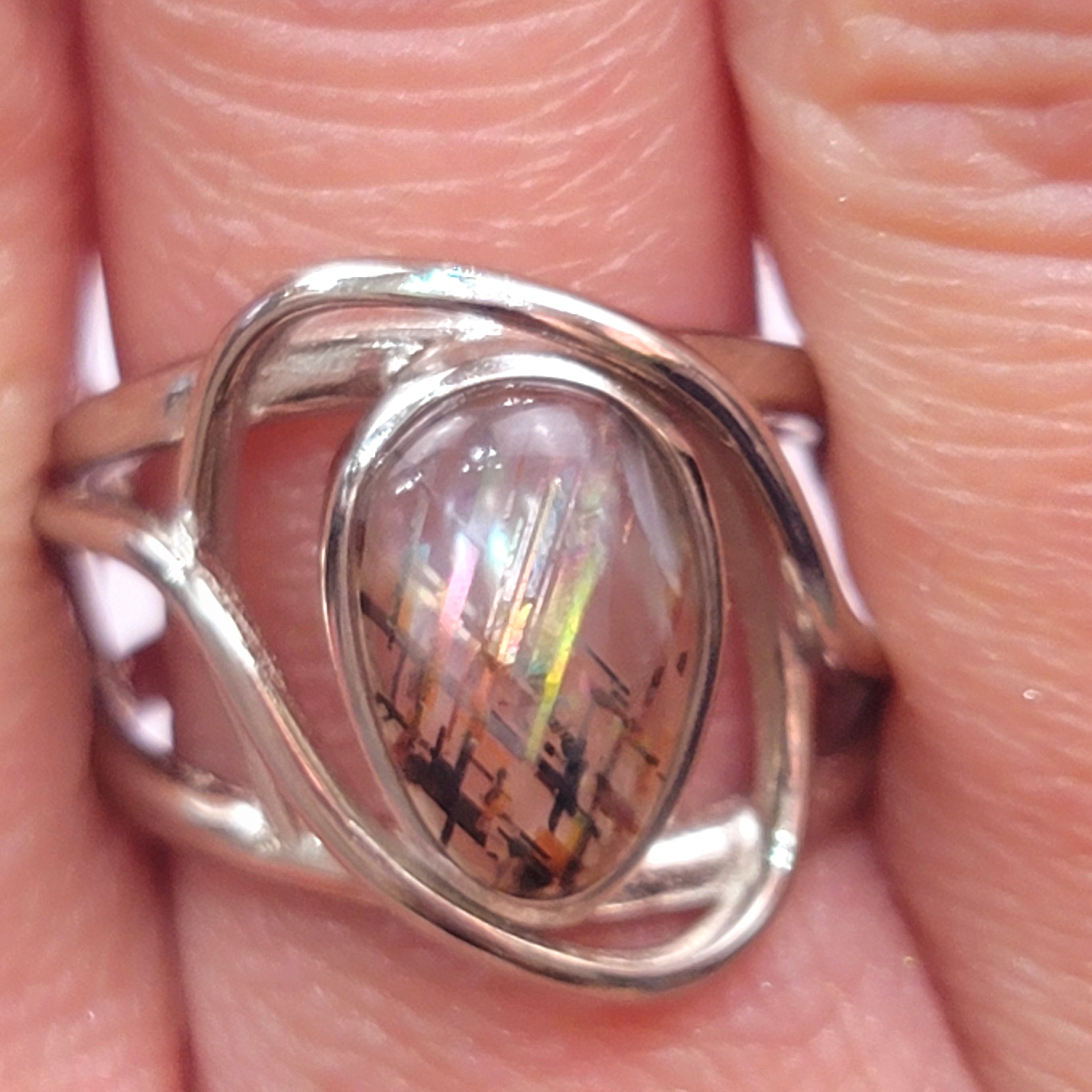 Rainbow Lattice Sunstone Finger Bracelet Adjustable Ring .925 Silver for Confidence
