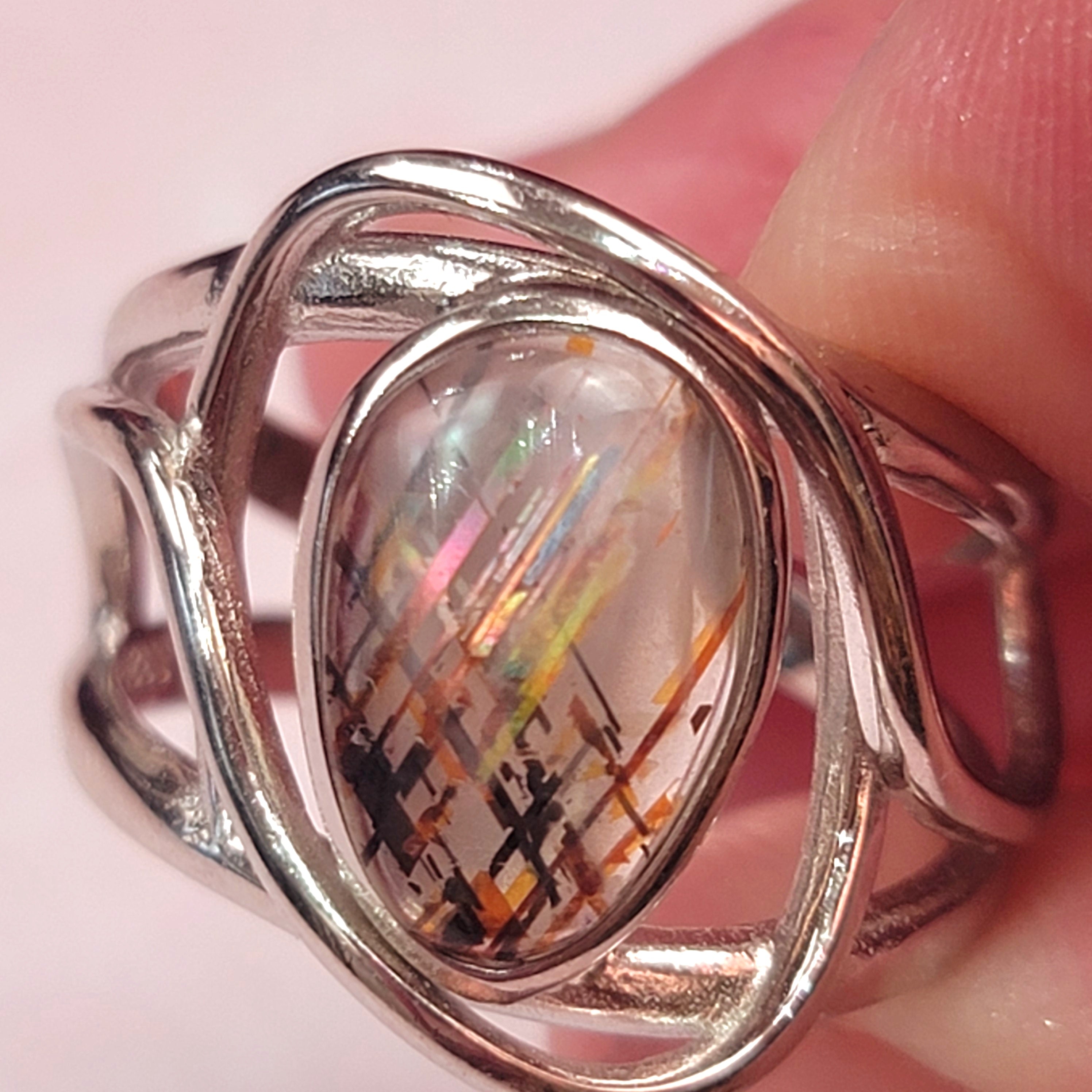 Rainbow Lattice Sunstone Finger Bracelet Adjustable Ring .925 Silver for Confidence