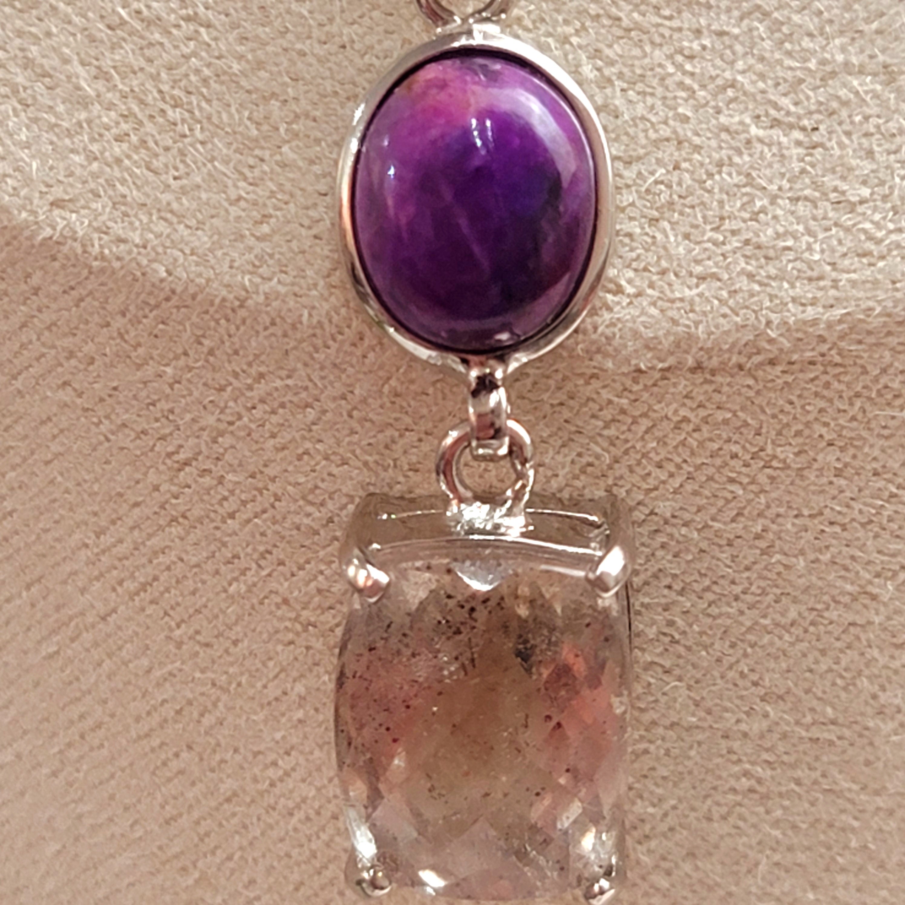 Pink Fire Covellite in Quartz and Sugilite .925 Silver Necklace for Spiritual Evolution and Energy Flow