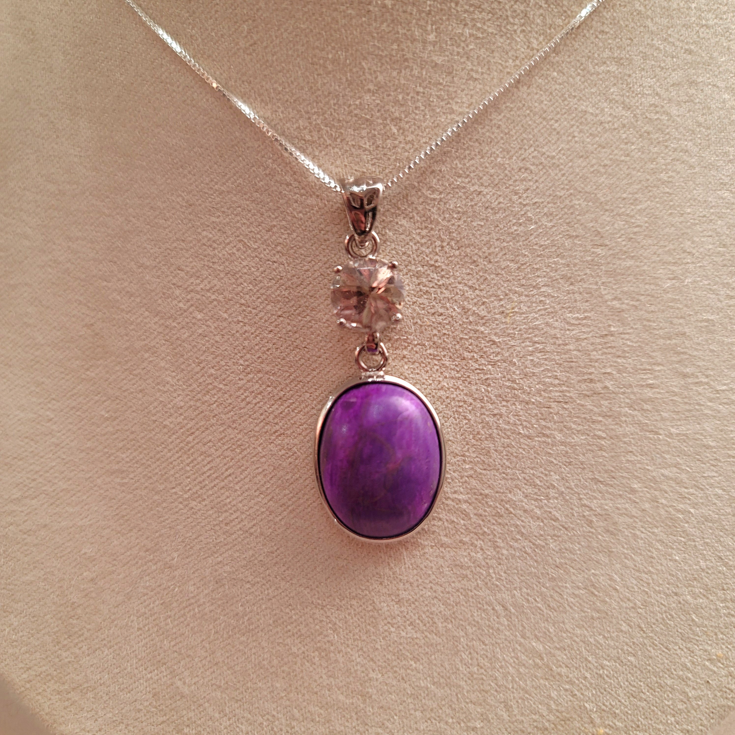Pink Fire Covellite in Quartz and Sugilite .925 Silver Necklace for Spiritual Evolution and Energy Flow