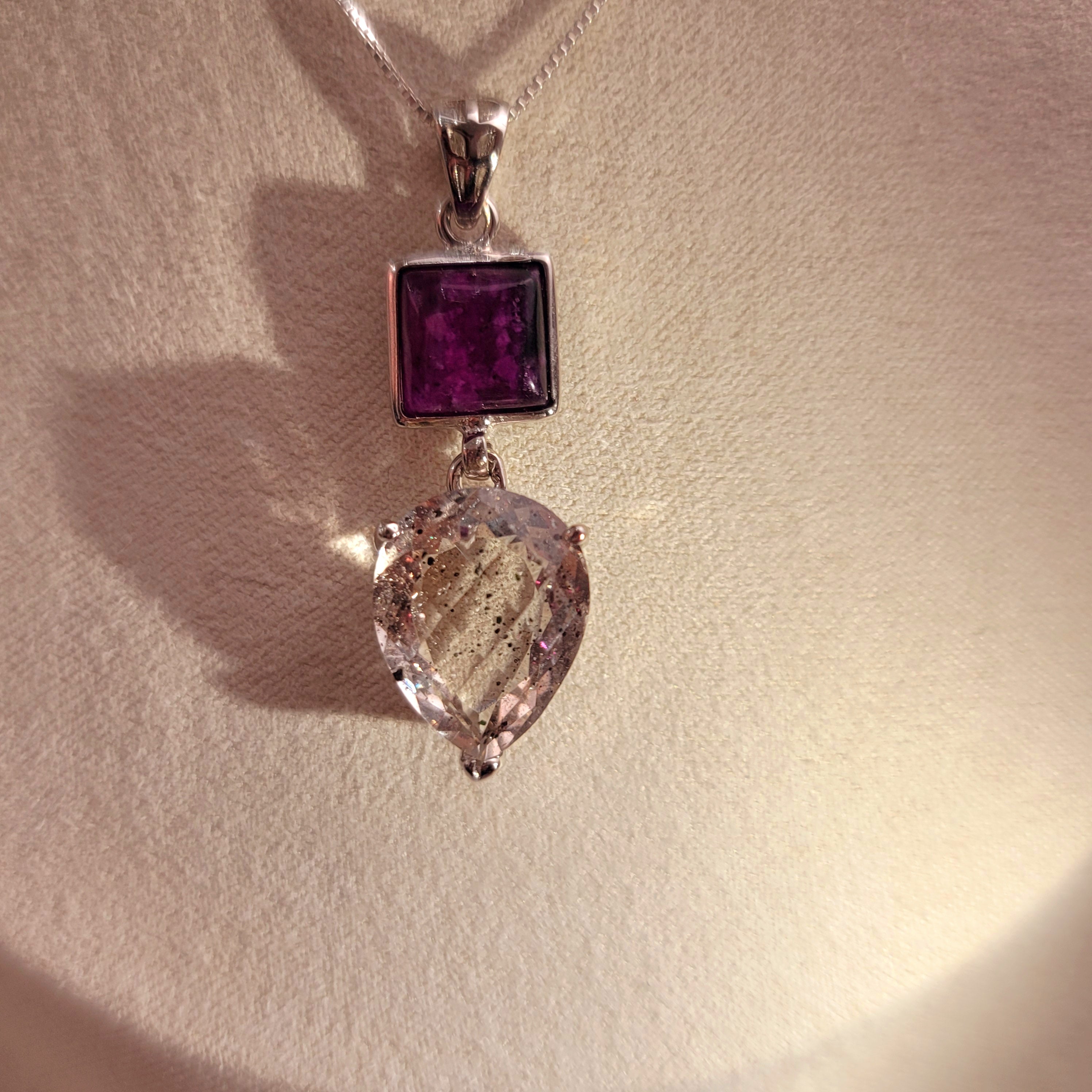 Pink Fire Covellite in Quartz And Sugilite .925 Silver Necklace for Spiritual Evolution and Energy Flow