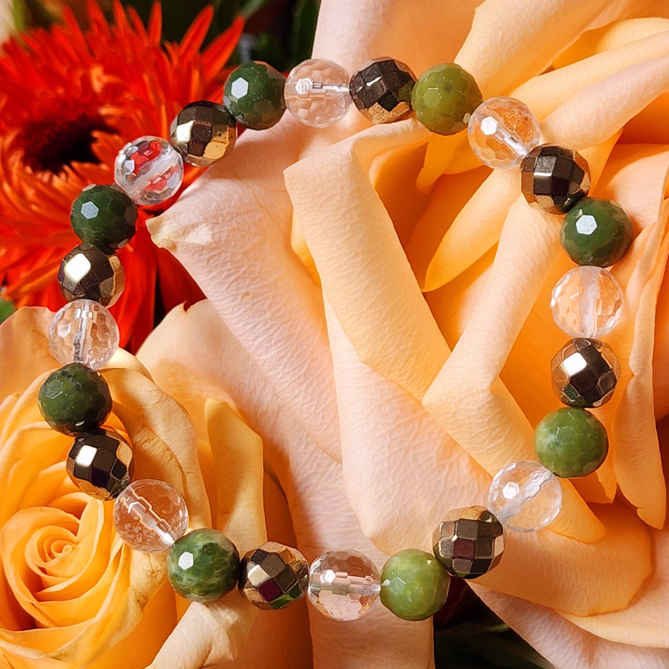 Lucky Clear Quartz, Jade & Pyrite Faceted Bracelet for Good Luck, Health, Joy and Prosperity