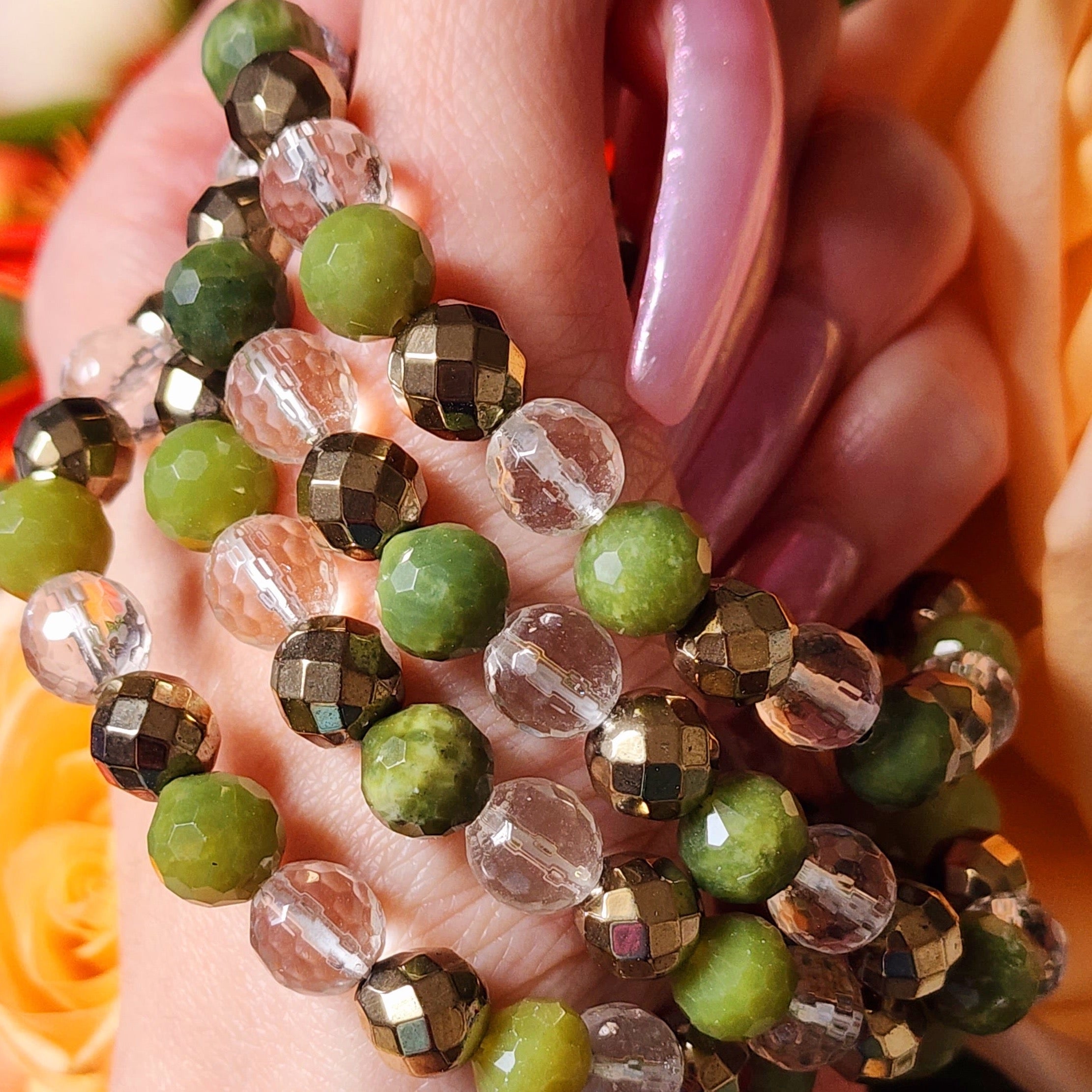 Lucky Clear Quartz, Jade & Pyrite Faceted Bracelet for Good Luck, Health, Joy and Prosperity