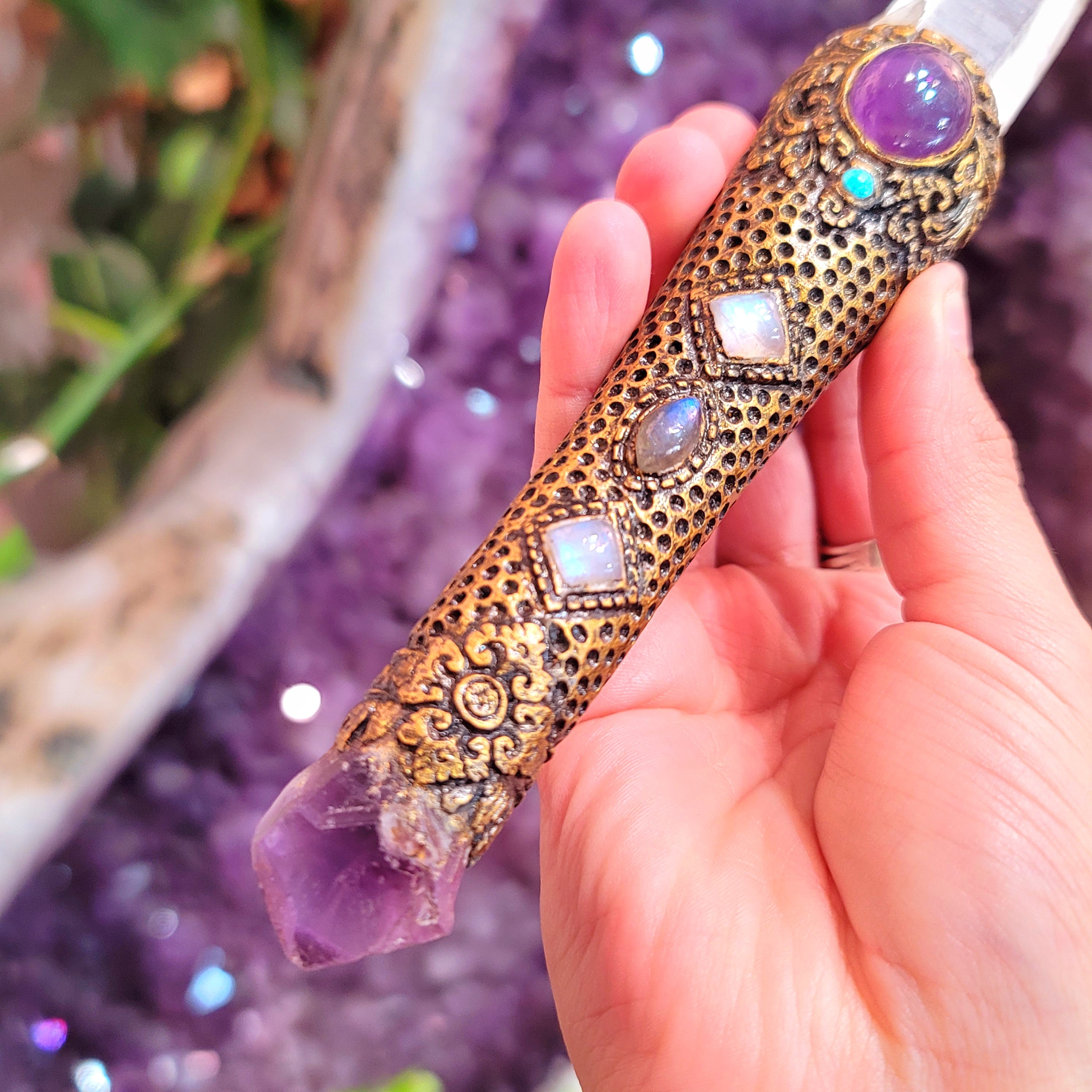 Amethyst, Labradorite, Turquoise, Rainbow Moonstone Wand for Protection and Grounding