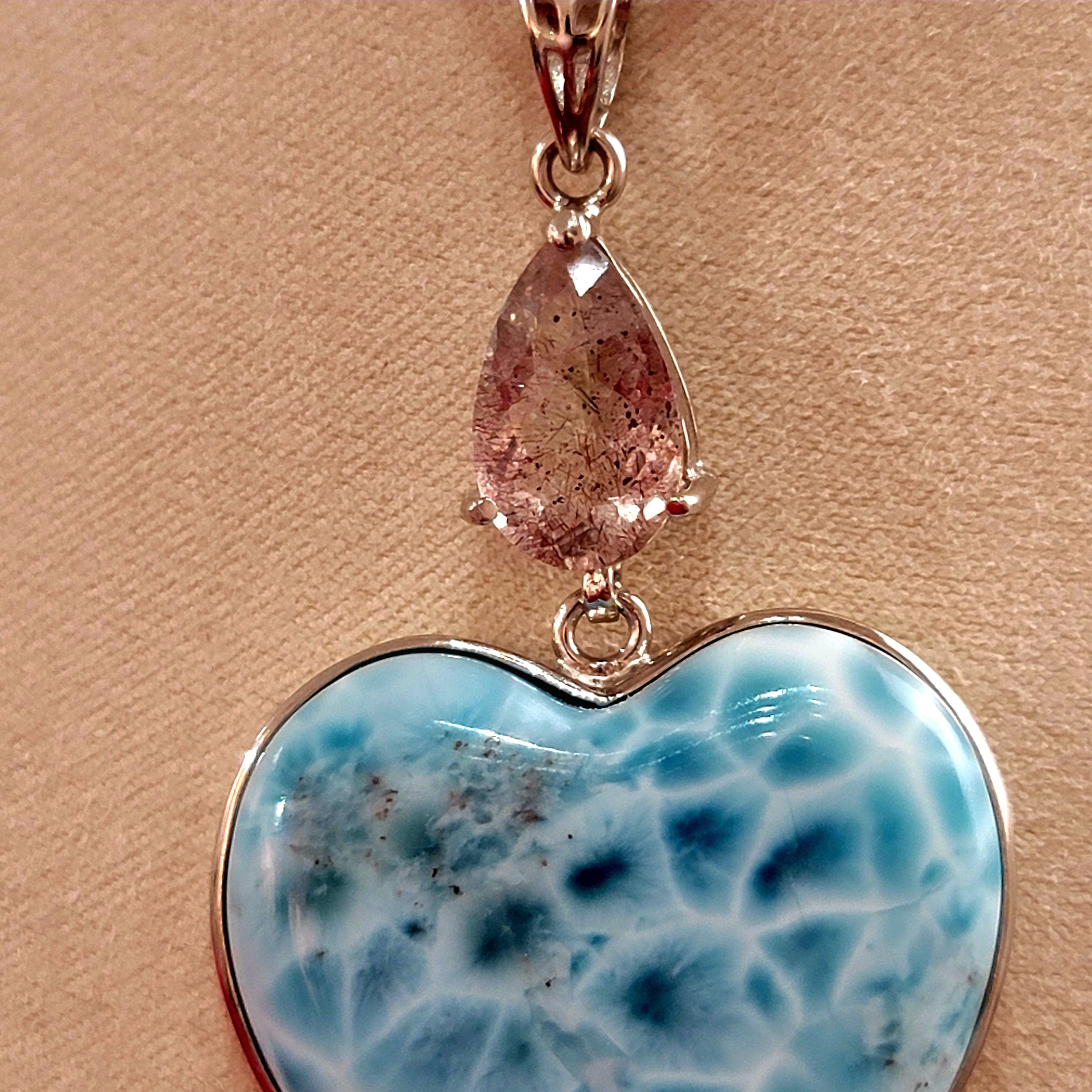 Larimar Heart and Pink Fire Quartz Necklace for Peace and Activation of your Psychic Abilities